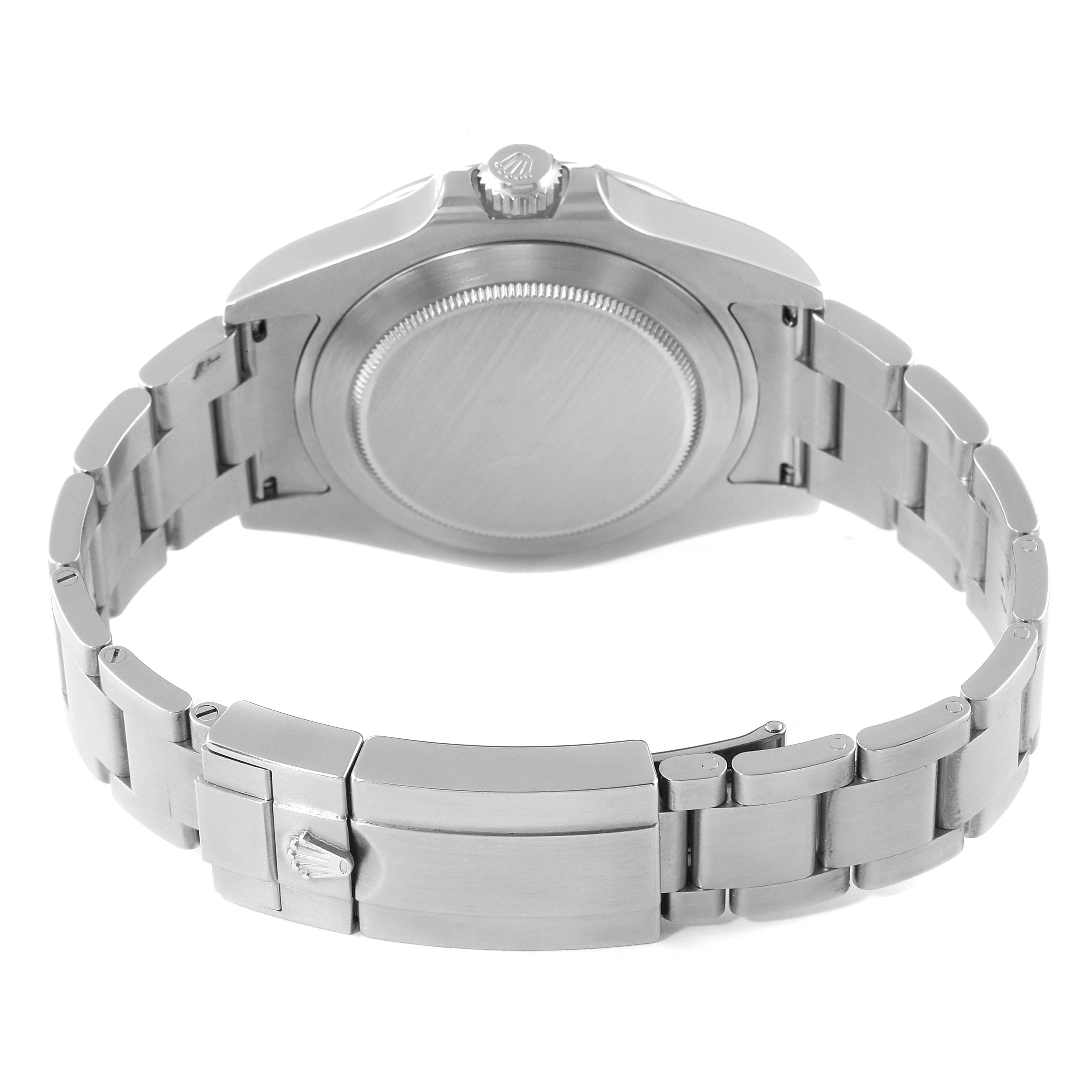 The image shows the back view of the Rolex Explorer 216570 Men
s Stainless Steel White Dial 216570 Men
s Stainless Steel White Dial watch, emphasizing the case back and bracelet clasp.