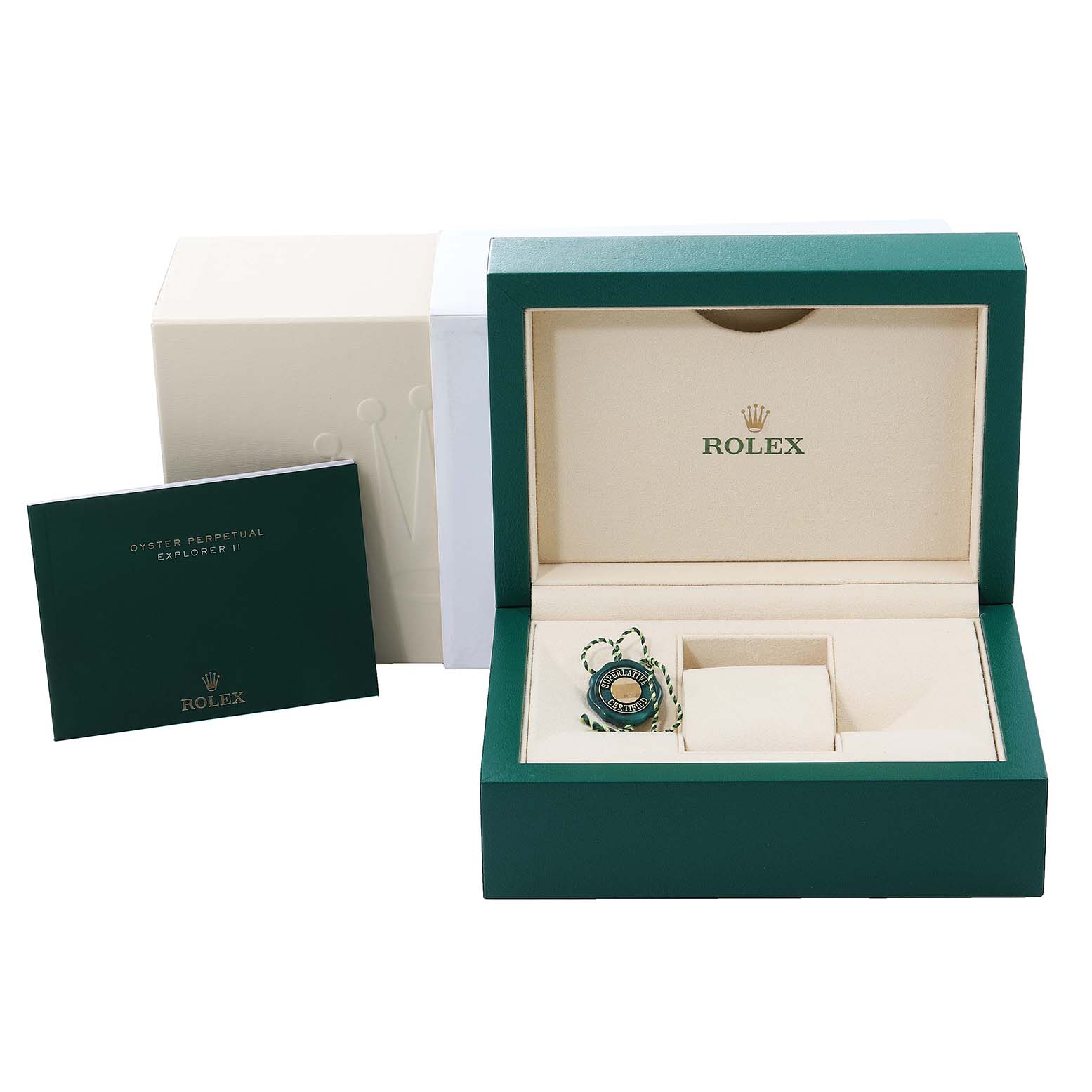 The image shows the packaging, box, booklet, and tags for a Rolex Explorer 216570 Men
s Stainless Steel White Dial 216570 Men
s Stainless Steel White Dial model watch.