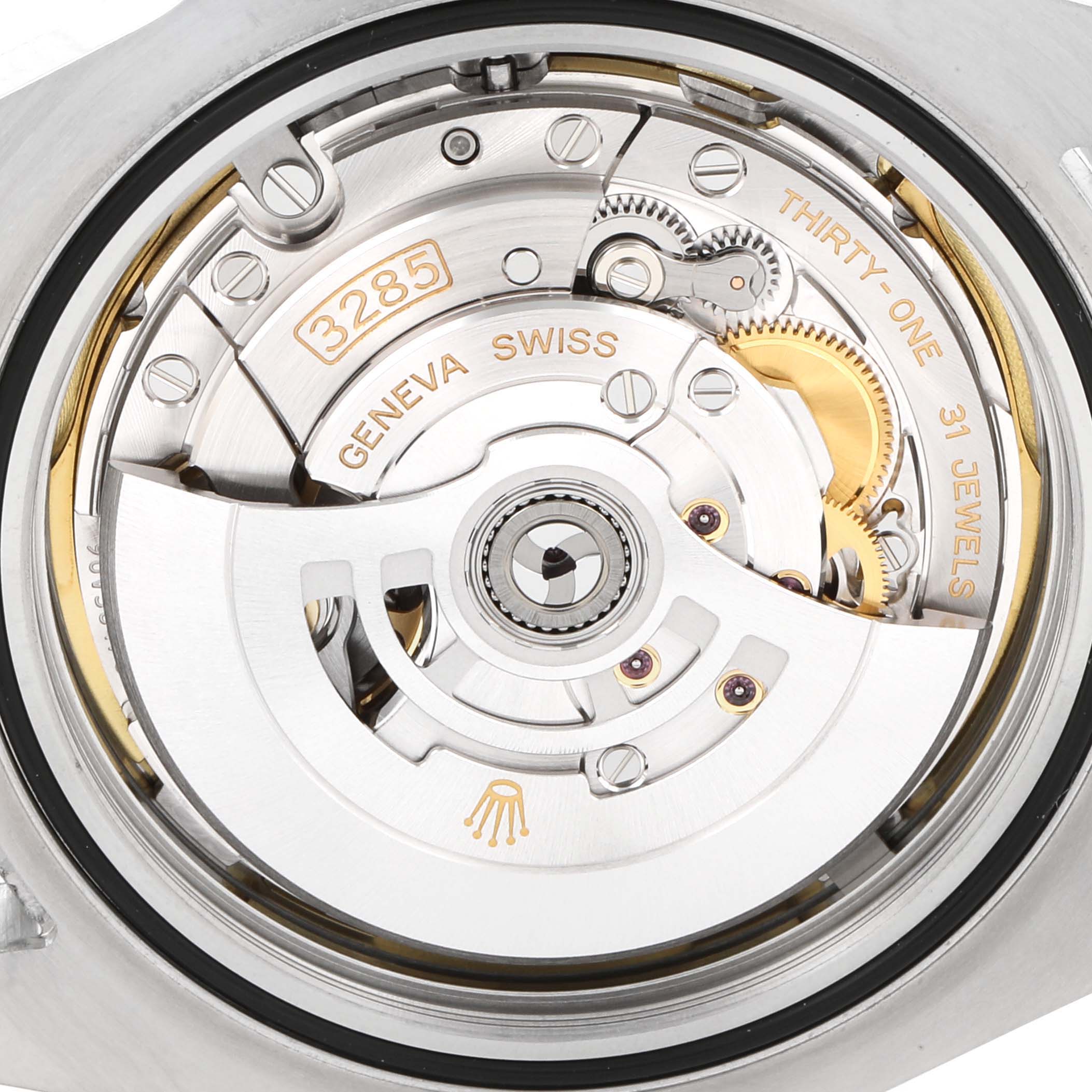 This is a close-up view of the Rolex Explorer 226570 Men
s Stainless Steel White Dial 226570 Men
s Stainless Steel White Dial model
s movement, showcasing the intricate internal gears and components.