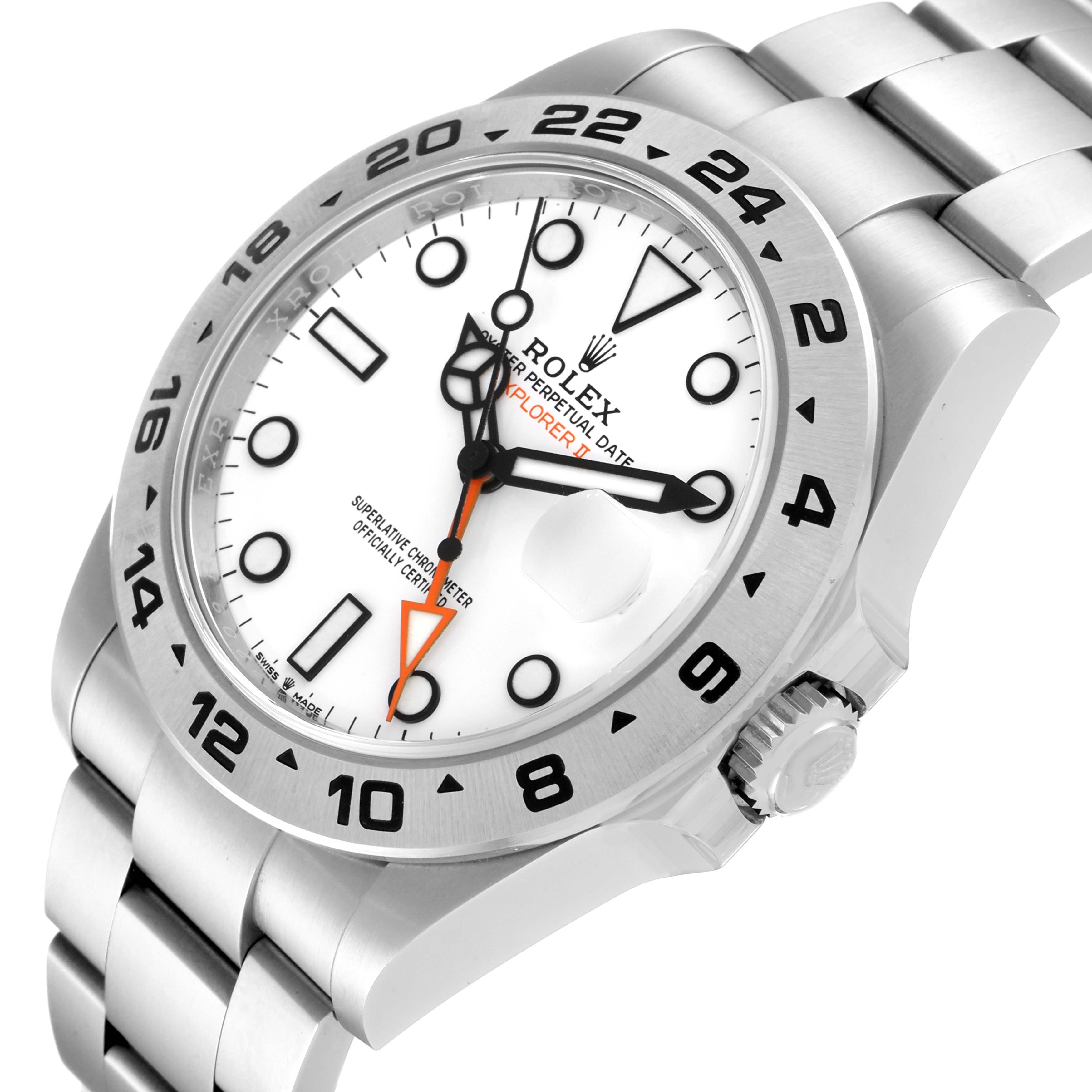 The image shows a Rolex Explorer 226570 Men
s Stainless Steel White Dial 226570 Men
s Stainless Steel White Dial watch from an angled view highlighting the face, bezel, crown, and part of the bracelet.