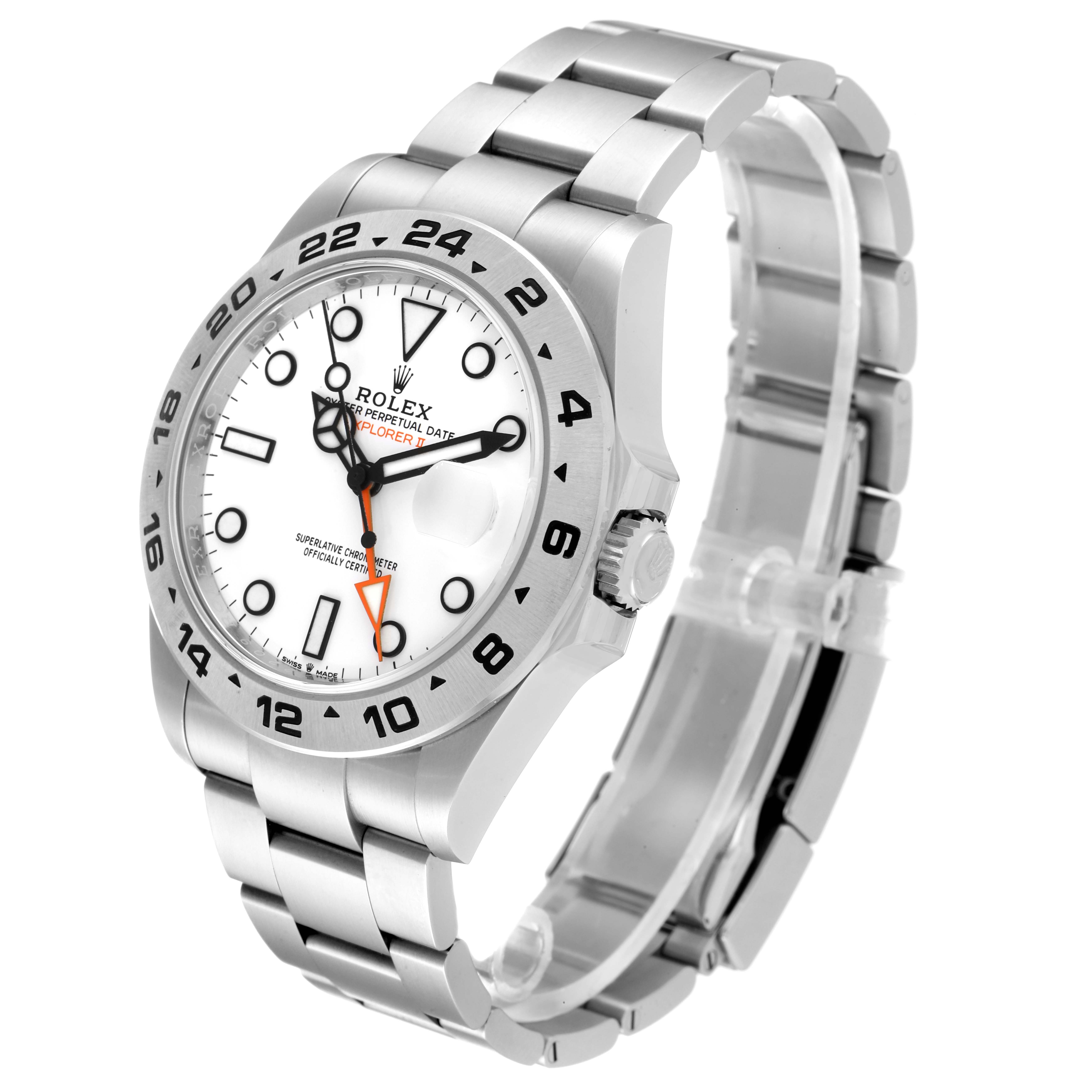 The image shows a Rolex Explorer 226570 Men
s Stainless Steel White Dial 226570 Men
s Stainless Steel White Dial model watch at a three-quarter angle, highlighting the face, bezel, crown, and bracelet.
