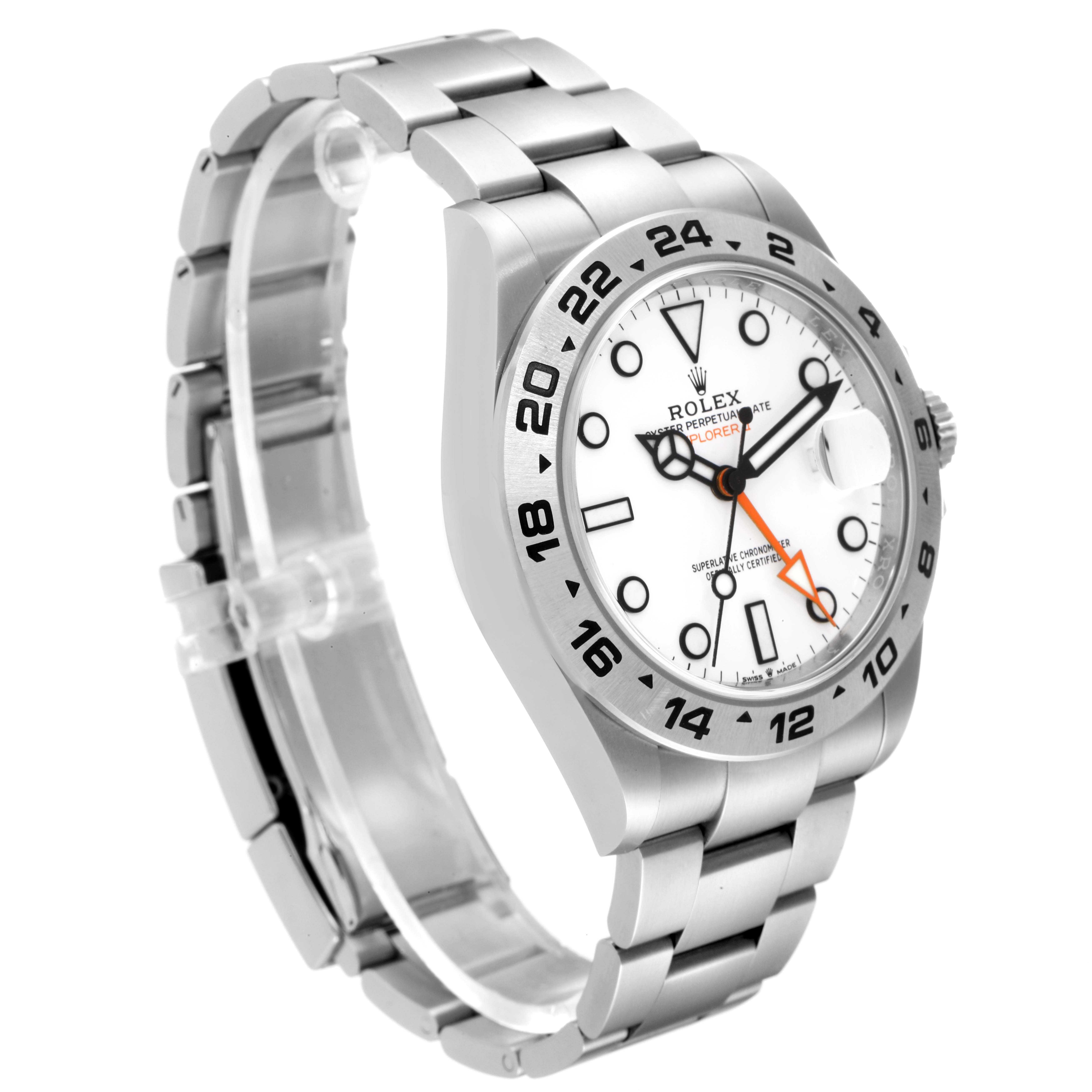 The image shows a side-angle view of the Rolex Explorer 226570 Men
s Stainless Steel White Dial 226570 Men
s Stainless Steel White Dial watch, highlighting its bezel, dial, and bracelet.