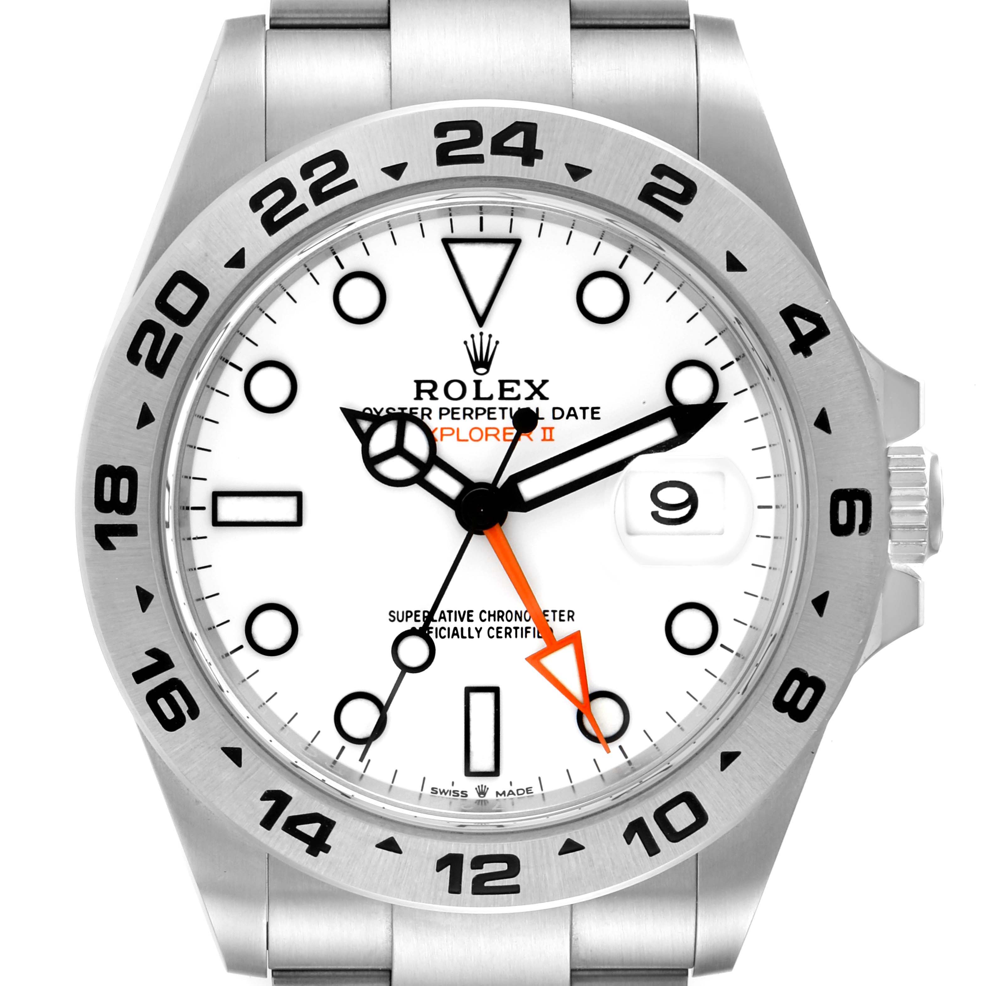 The image shows a front view of the Rolex Explorer 226570 Men
s Stainless Steel White Dial 226570 Men
s Stainless Steel White Dial watch, displaying the dial, bezel, and part of the bracelet. 