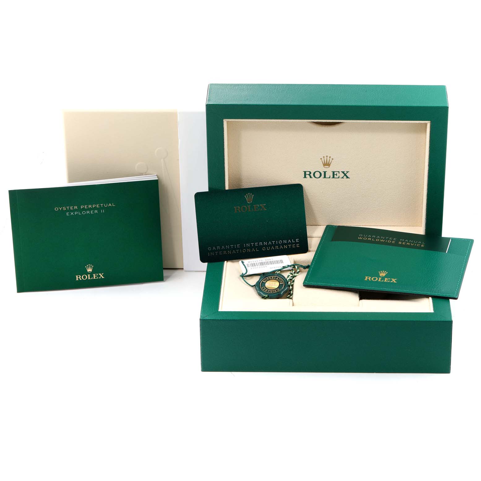 The image shows the Rolex Explorer 226570 Men
s Stainless Steel White Dial 226570 Men
s Stainless Steel White Dial watch packaging, including the box, warranty card, manuals, and tags.