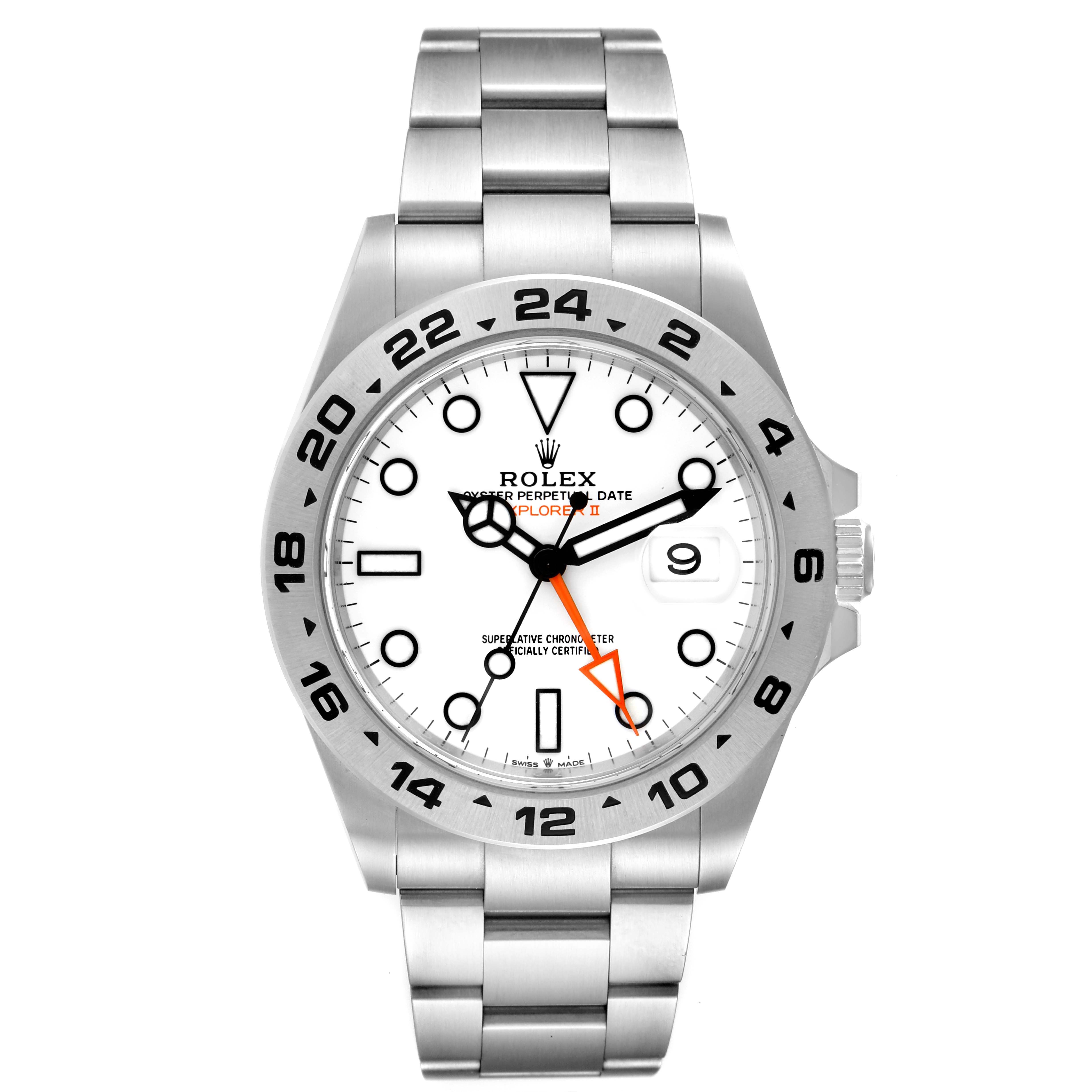 The Rolex Explorer 226570 Men
s Stainless Steel White Dial 226570 Men
s Stainless Steel White Dial watch is shown from a front angle, displaying the face, bezel, and part of the bracelet.
