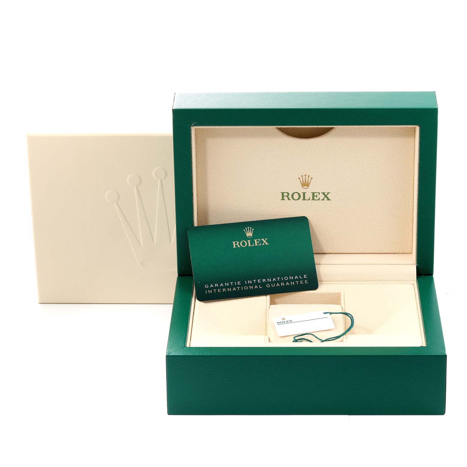 The image shows the packaging box, guarantee card, and accessories of a Rolex Explorer 226570 Men
s Stainless Steel White Dial 226570 Men
s Stainless Steel White Dial watch.