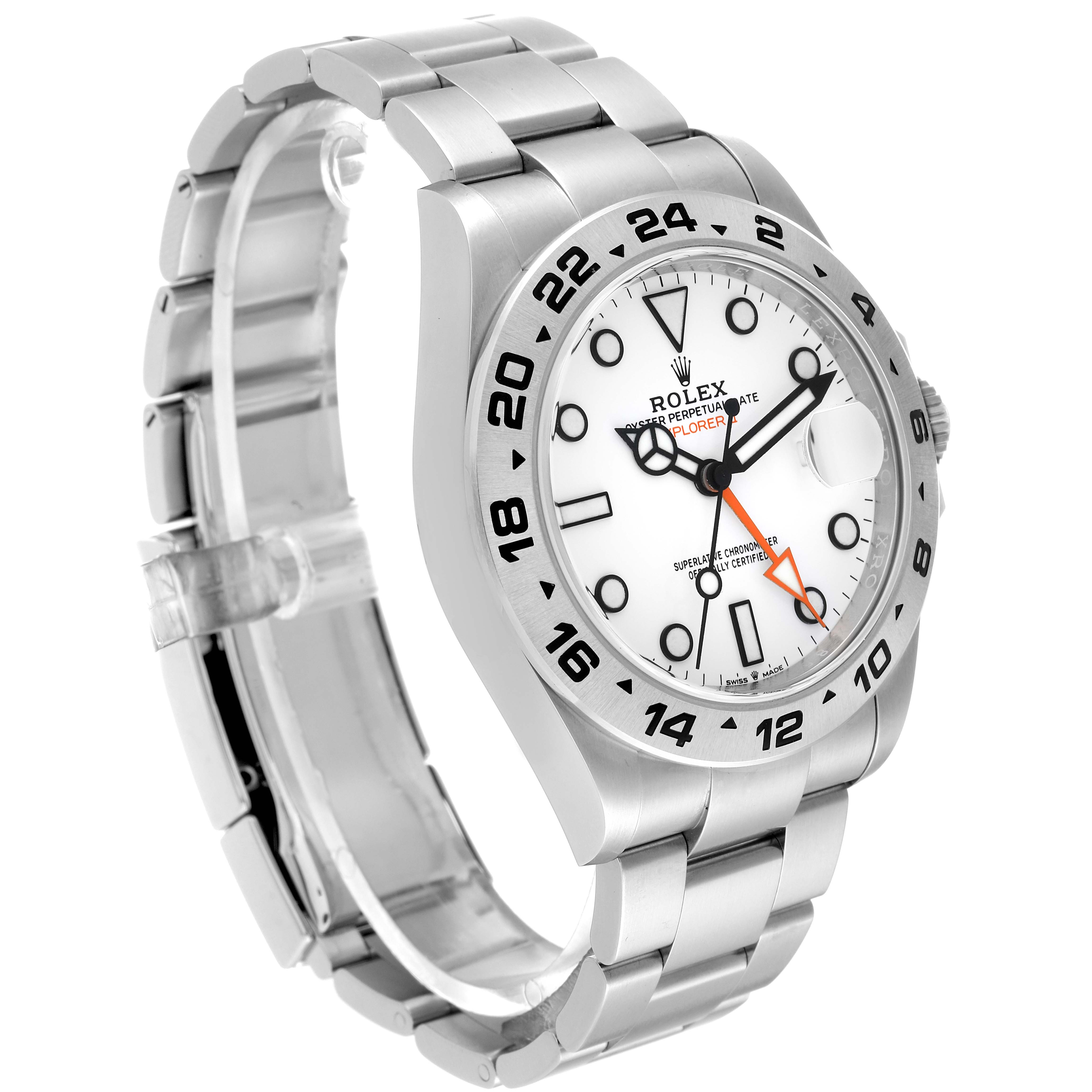 The image shows a side-angle view of the Rolex Explorer 226570 Men
s Stainless Steel White Dial 226570 Men
s Stainless Steel White Dial watch, highlighting the dial, bracelet, and bezel.