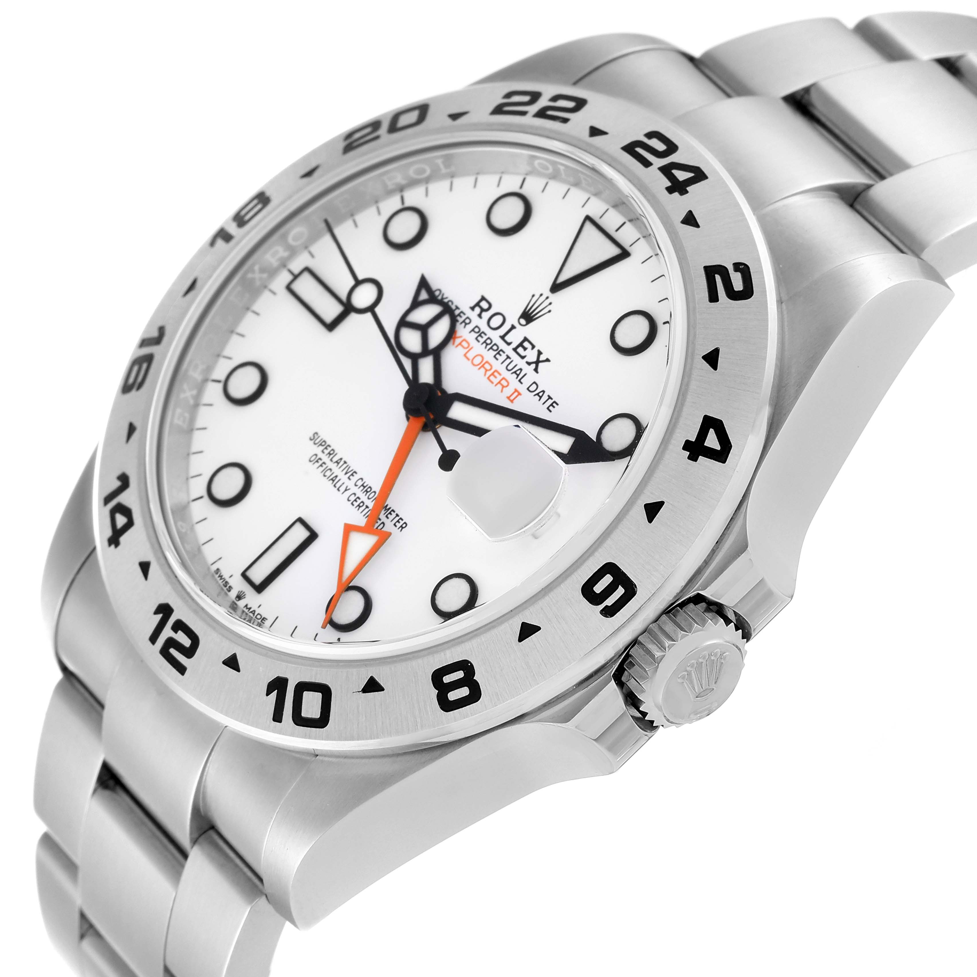The image displays a Rolex Explorer 226570 Men
s Stainless Steel White Dial 226570 Men
s Stainless Steel White Dial model watch at an angled side view, showing the dial, bezel, case, crown, and part of the bracelet.