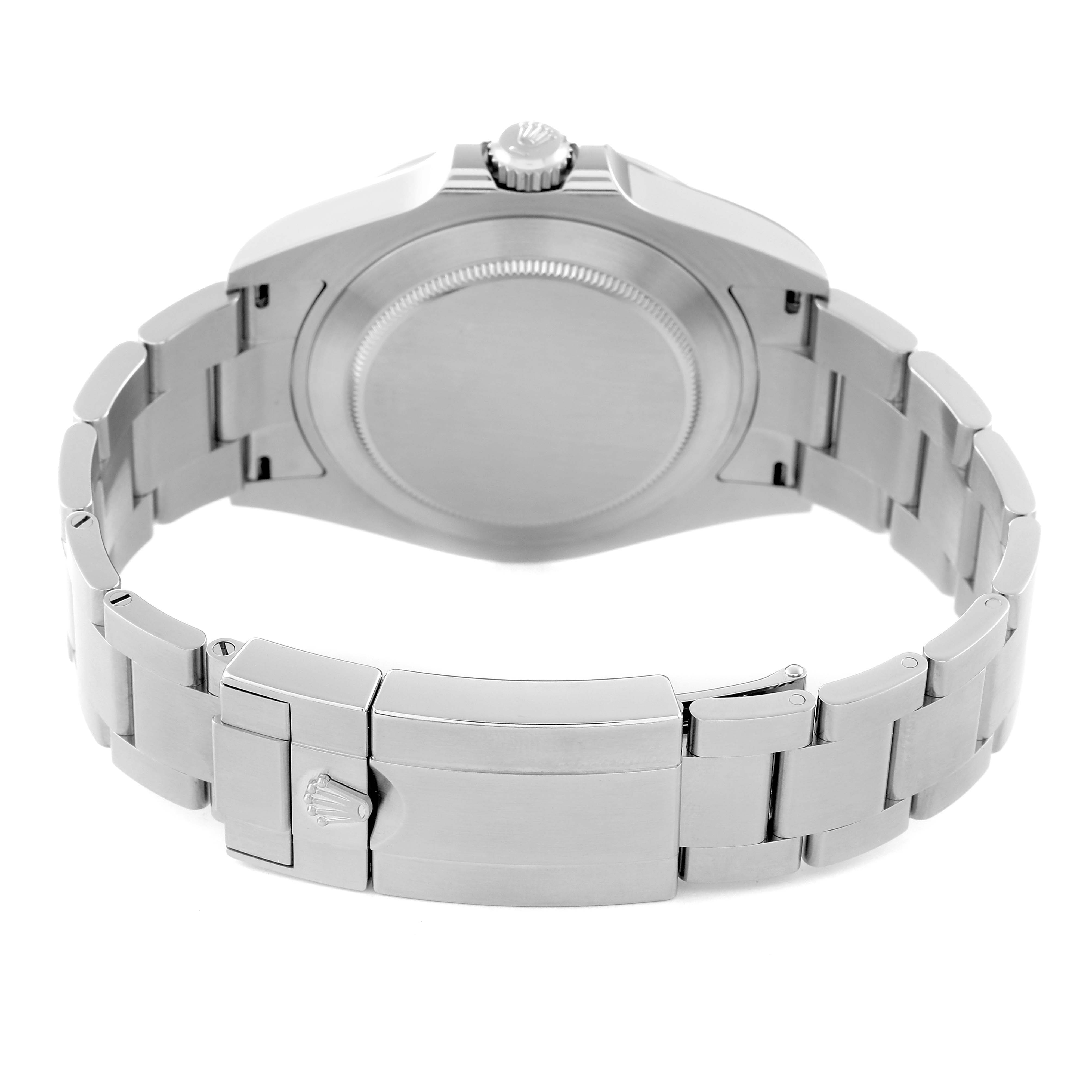 This image shows the backside and clasp of a Rolex Explorer 226570 Men
s Stainless Steel White Dial 226570 Men
s Stainless Steel White Dial watch, showcasing the bracelet and crown.