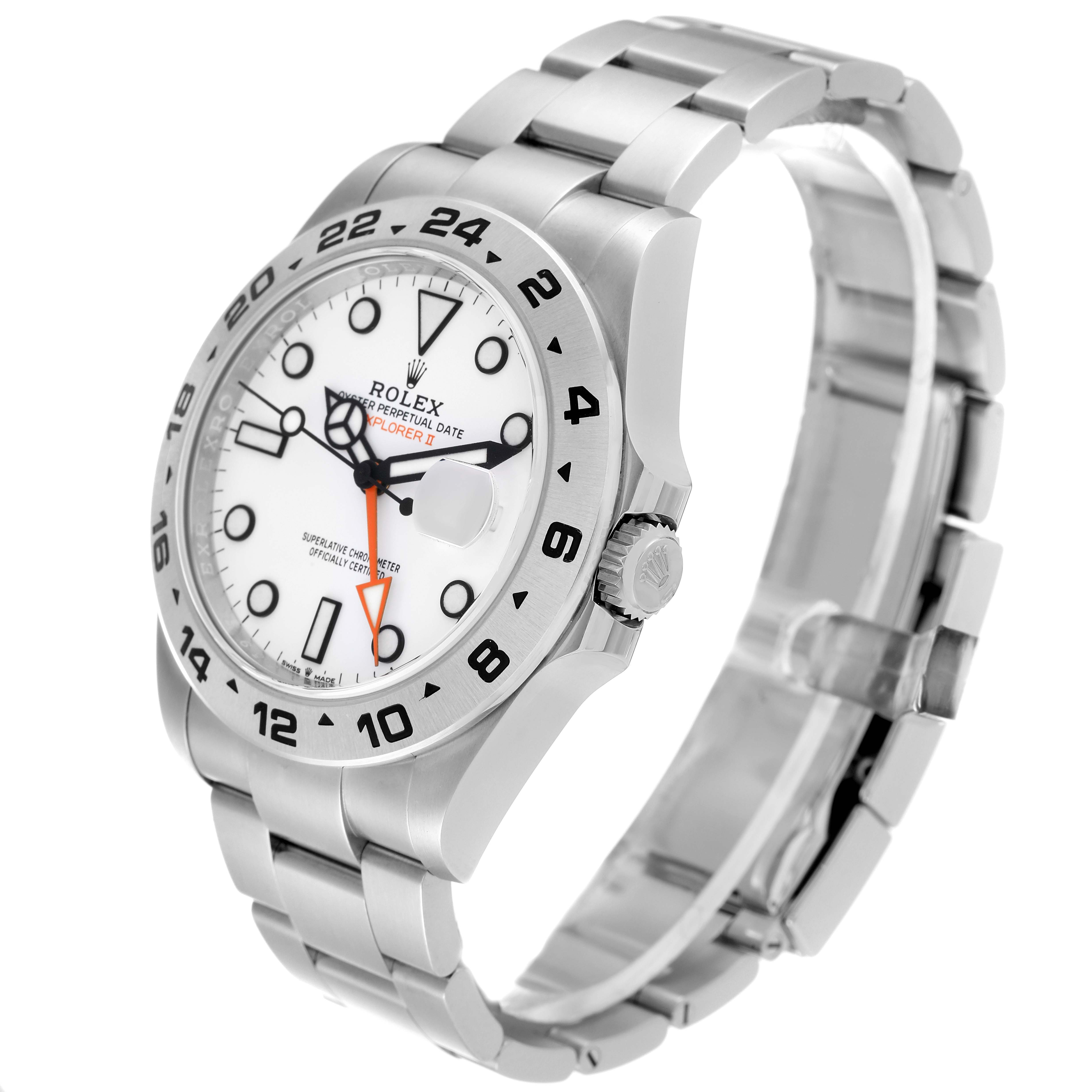 The image shows a Rolex Explorer 226570 Men
s Stainless Steel White Dial 226570 Men
s Stainless Steel White Dial model watch from a three-quarter angle, highlighting the face, bezel, and bracelet.