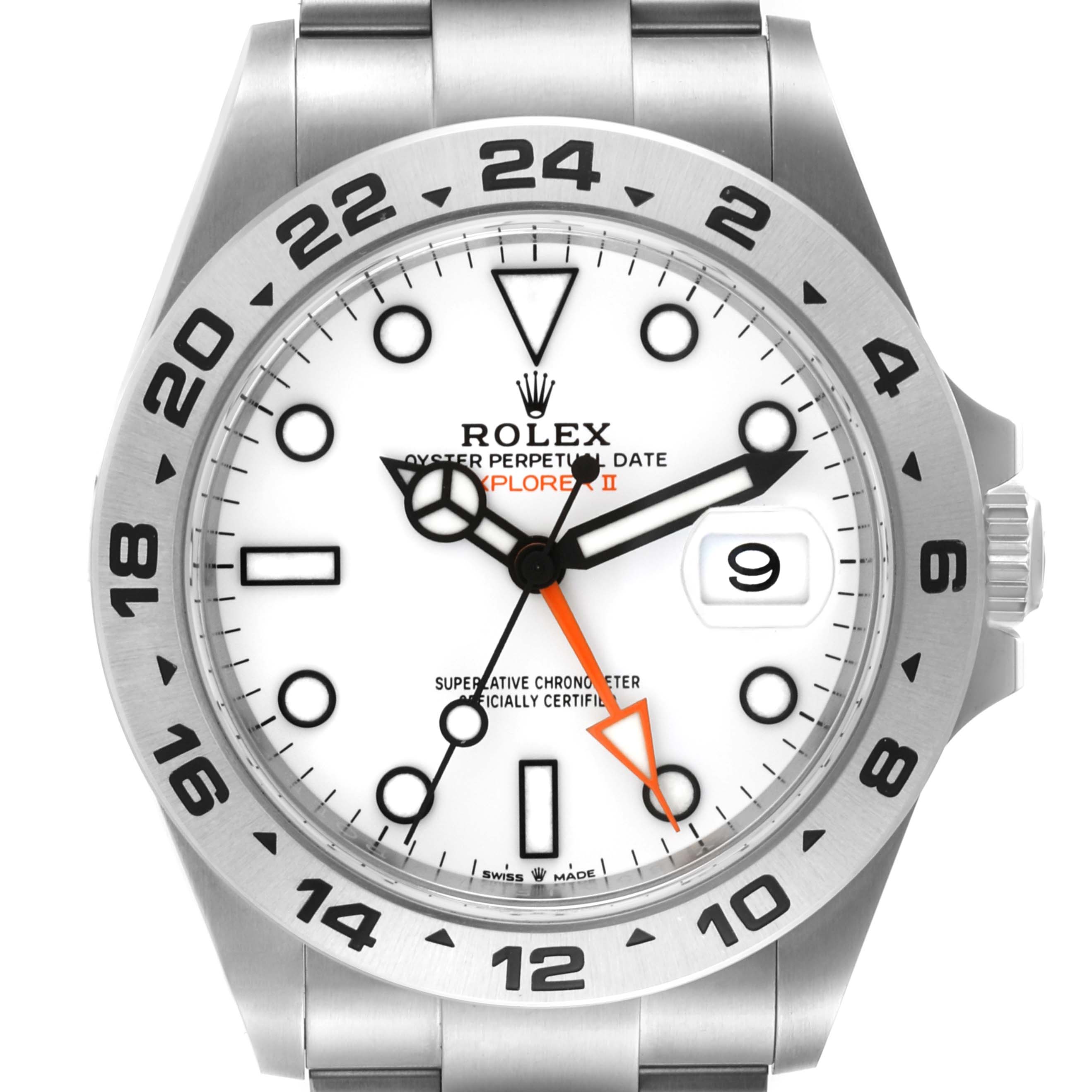 This image shows a front view of the Rolex Explorer 226570 Men
s Stainless Steel White Dial 226570 Men
s Stainless Steel White Dial watch, highlighting the dial, bezel, hands, date display, and part of the bracelet.