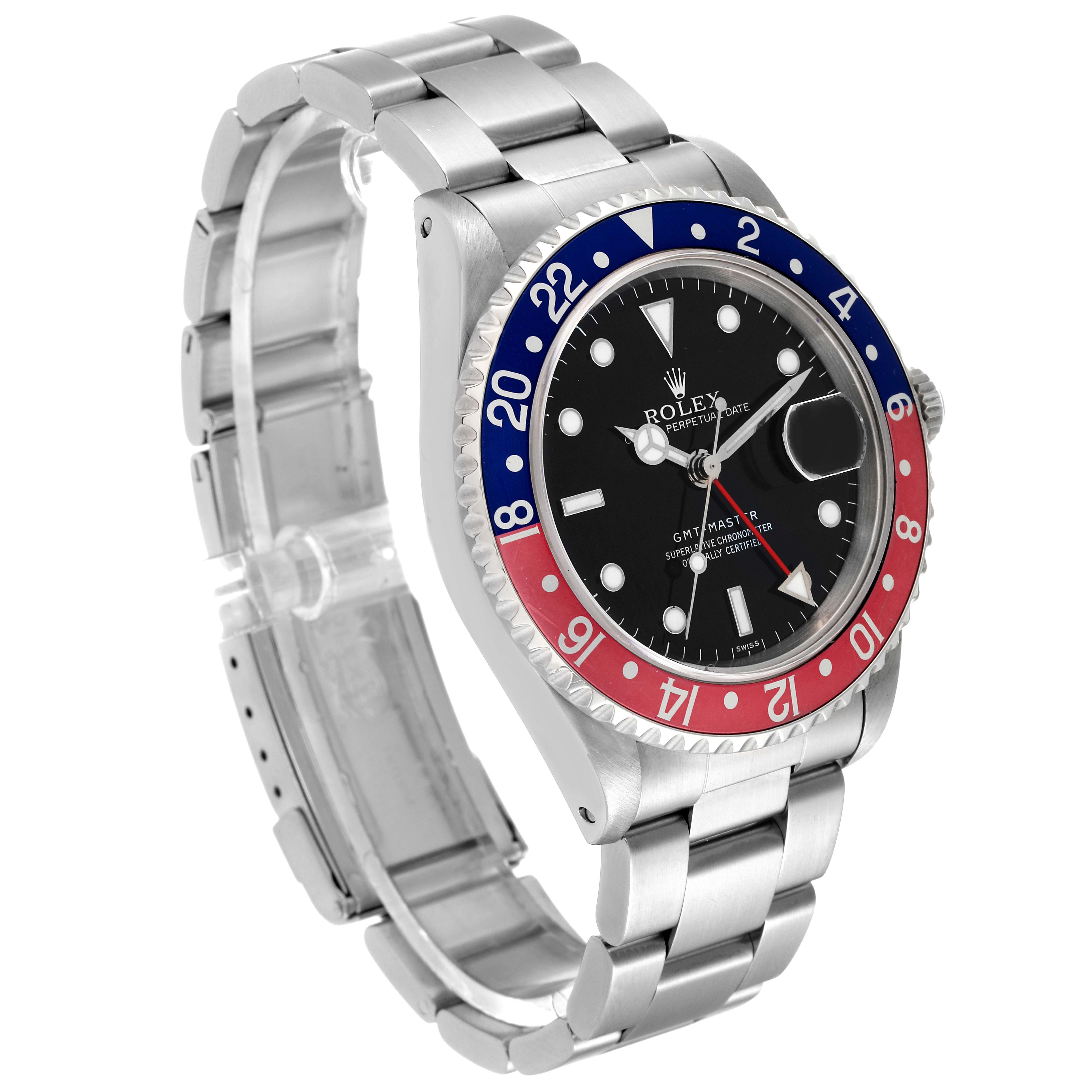 The Rolex GMT-Master 16700 Men
s Stainless Steel Black Dial 16700 Men
s Stainless Steel Black Dial watch is shown at a three-quarter angle, highlighting its bezel, dial, and bracelet.