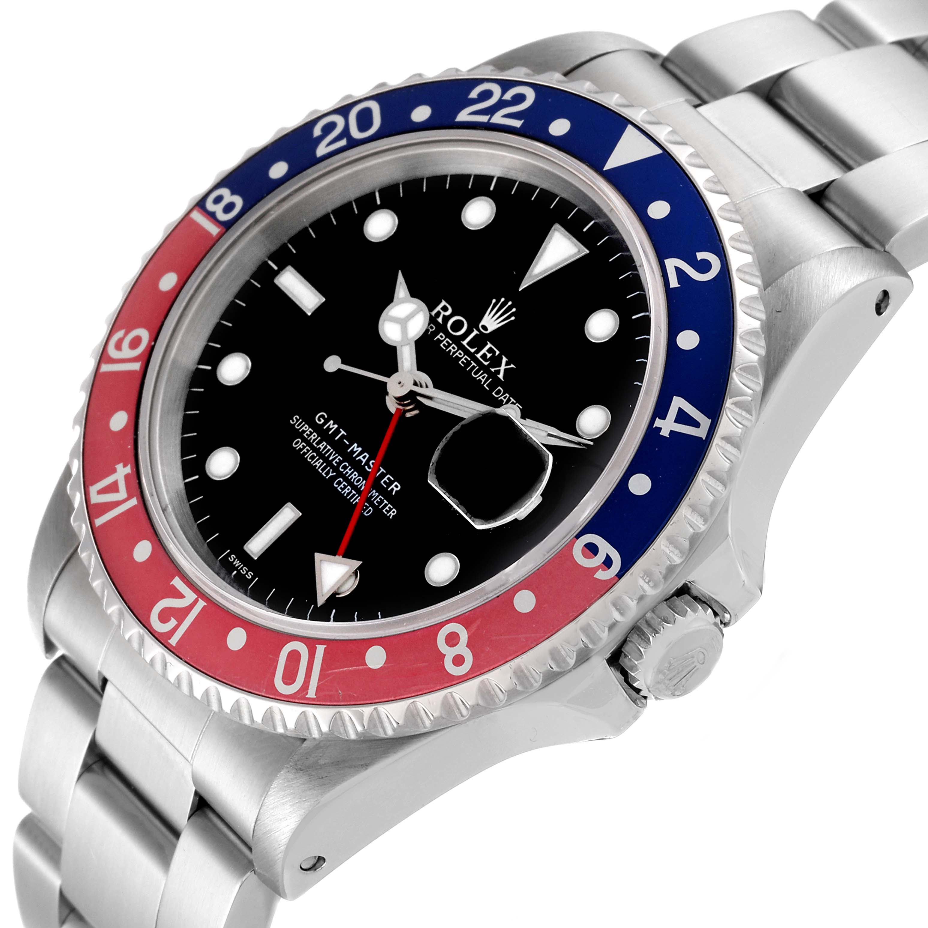 The image shows a close-up of the Rolex GMT-Master 16700 Men
s Stainless Steel Black Dial 16700 Men
s Stainless Steel Black Dial watch face, bezel, crown, and part of the bracelet from a slight side angle.