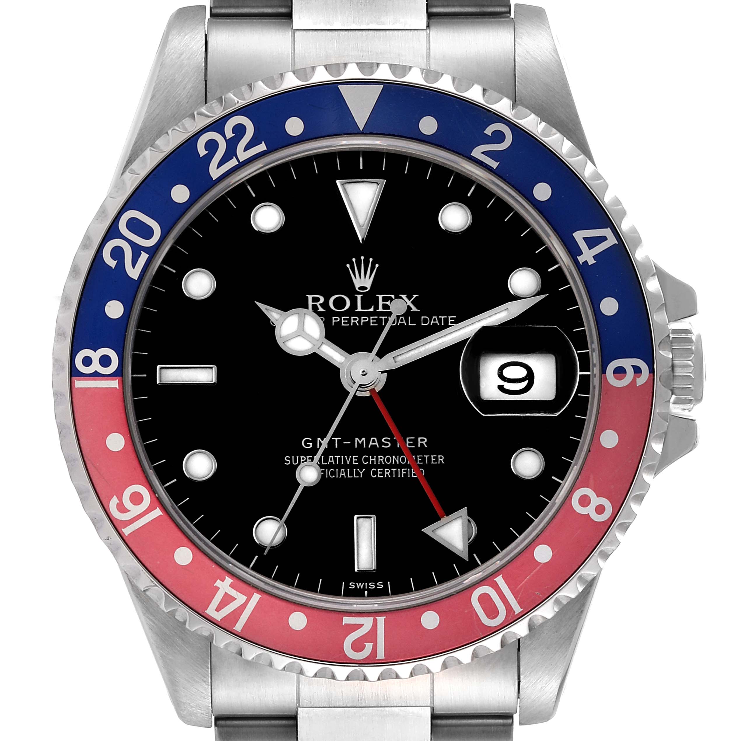 The image shows a front view of a Rolex GMT-Master 16700 Men
s Stainless Steel Black Dial 16700 Men
s Stainless Steel Black Dial watch, highlighting the dial, bezel, and part of the bracelet.