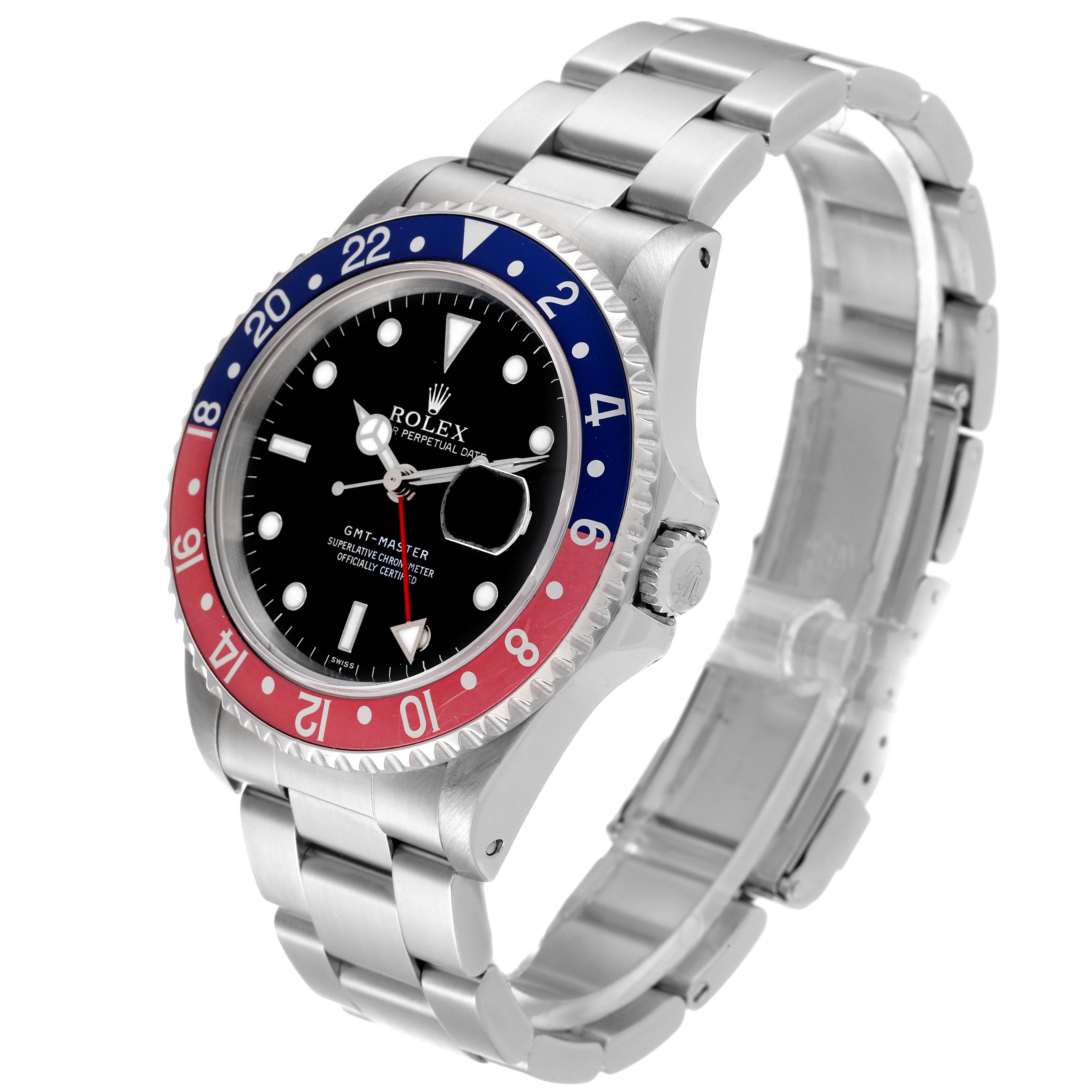 The Rolex GMT-Master 16700 Men
s Stainless Steel Black Dial 16700 Men
s Stainless Steel Black Dial watch is shown at an oblique angle, highlighting the bezel, face, crown, and bracelet.