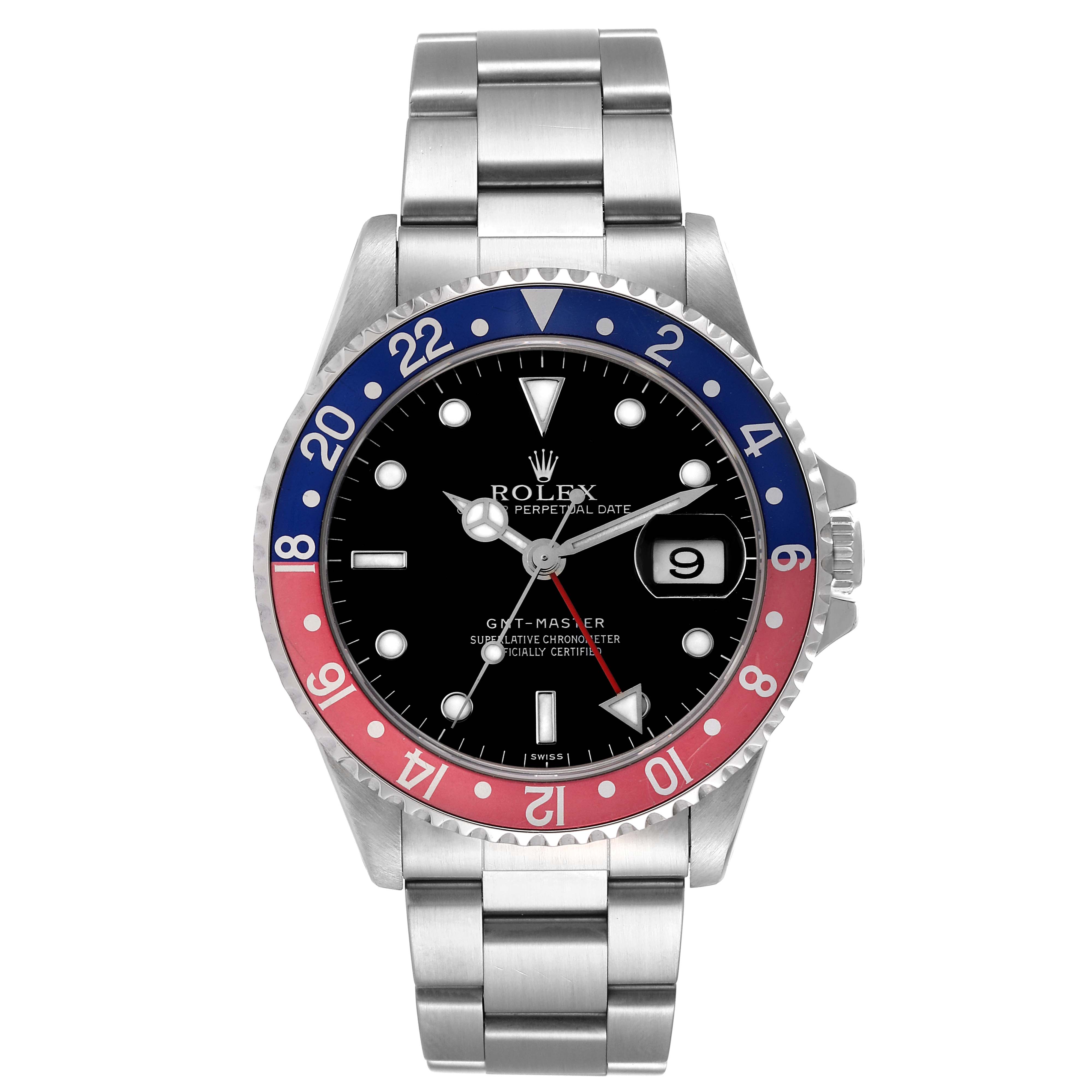 The image shows a front view of a Rolex GMT-Master 16700 Men
s Stainless Steel Black Dial 16700 Men
s Stainless Steel Black Dial watch, displaying the dial, case, and bracelet.