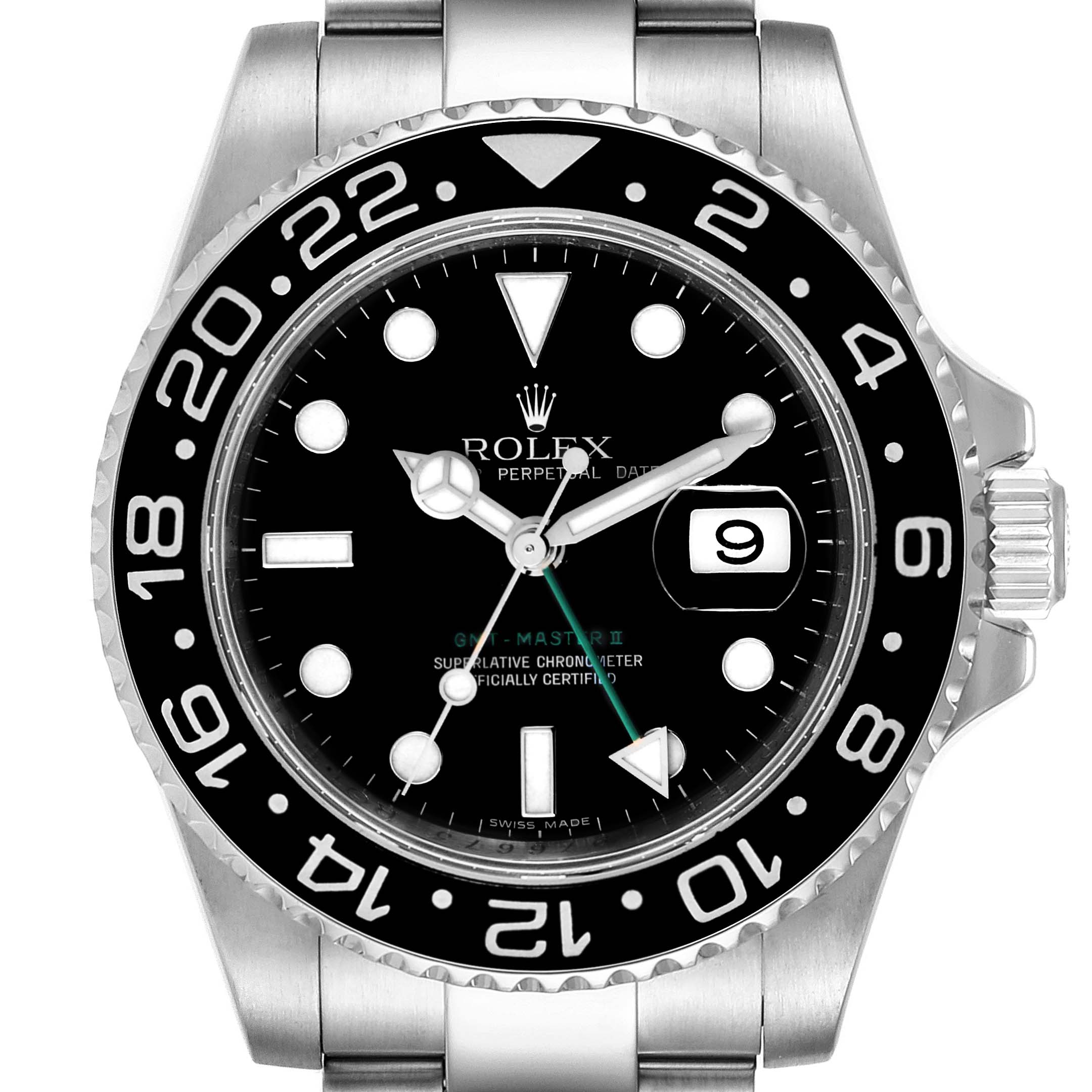 The image shows the front view of a Rolex GMT-Master 116710 Men
s Stainless Steel Black Dial 116710 Men
s Stainless Steel Black Dial II watch, displaying the dial, bezel, hands, and part of the bracelet.
