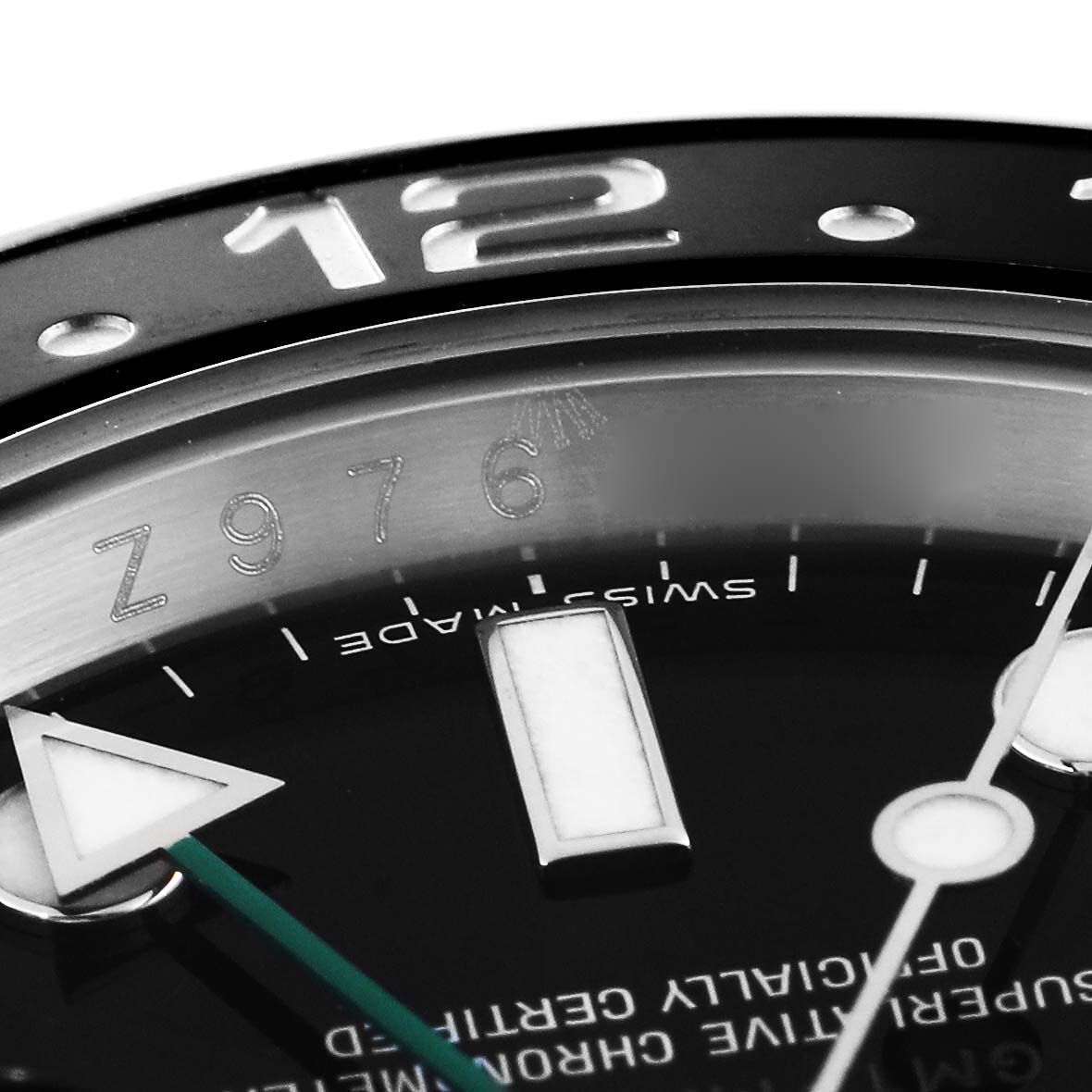 This close-up angle of the Rolex GMT-Master 116710 Men
s Stainless Steel Black Dial 116710 Men
s Stainless Steel Black Dial watch shows a portion of the bezel, dial, hour markers, and hands.