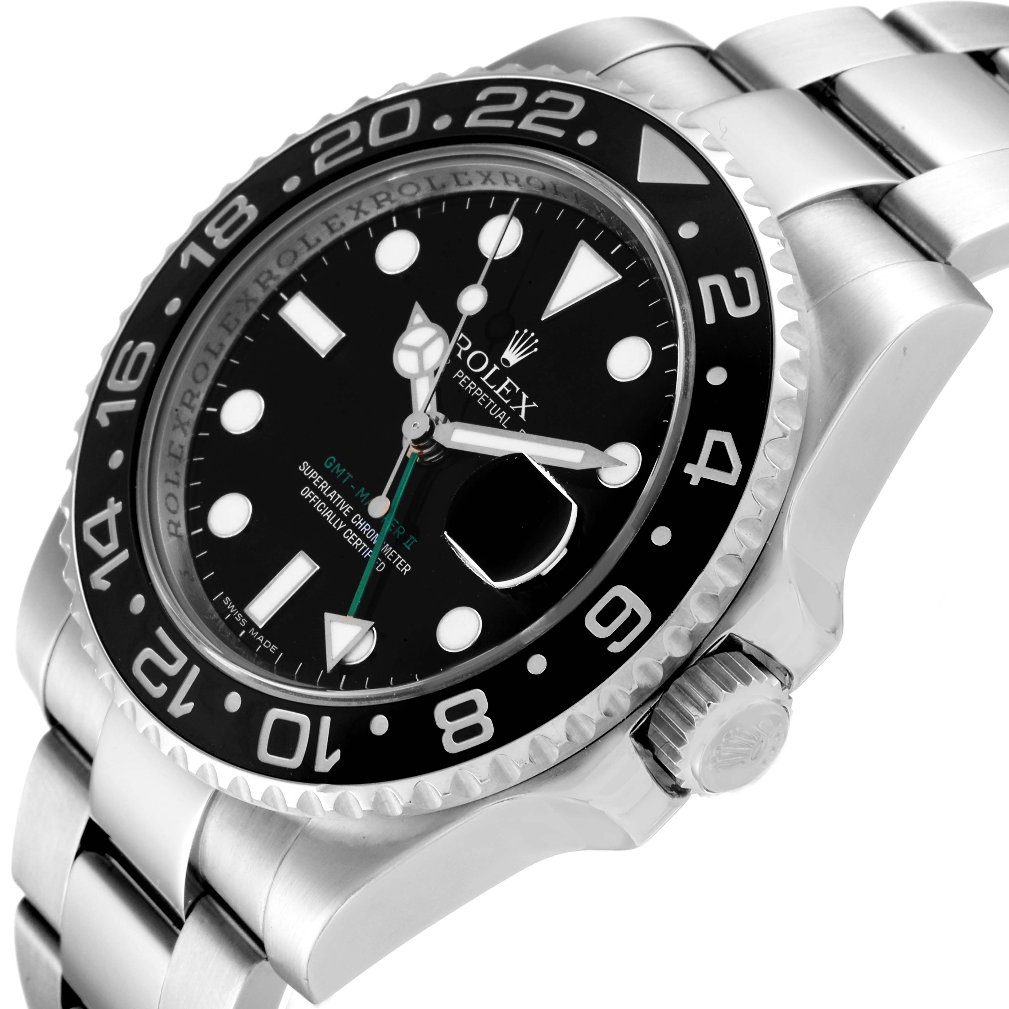 The image shows a close-up angle of the Rolex GMT-Master 116710 Men
s Stainless Steel Black Dial 116710 Men
s Stainless Steel Black Dial, highlighting its black dial, bezel, and stainless steel band.