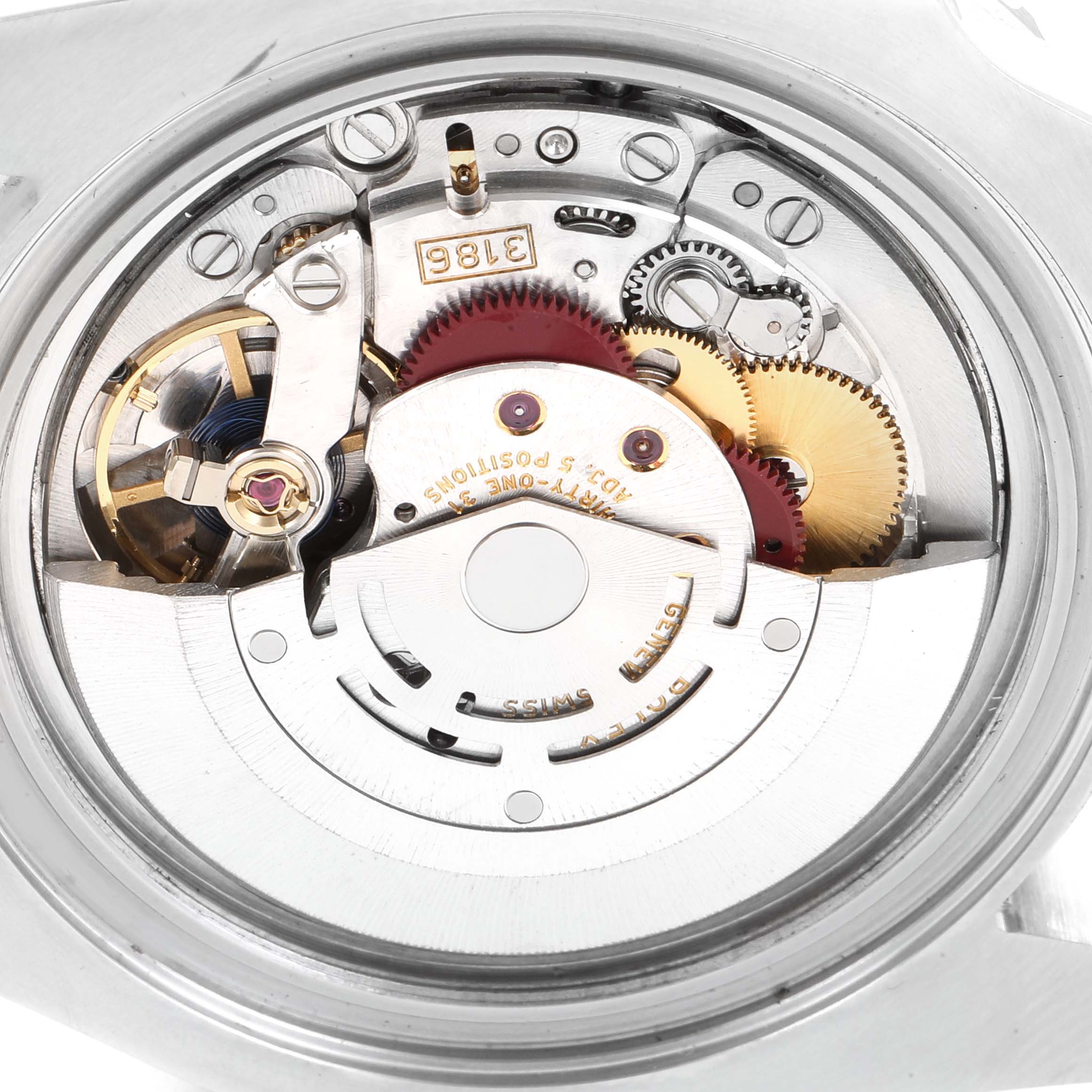 This image shows a detailed view of the internal movement of the Rolex GMT-Master 116710 Men
s Stainless Steel Black Dial 116710 Men
s Stainless Steel Black Dial watch from the back angle.