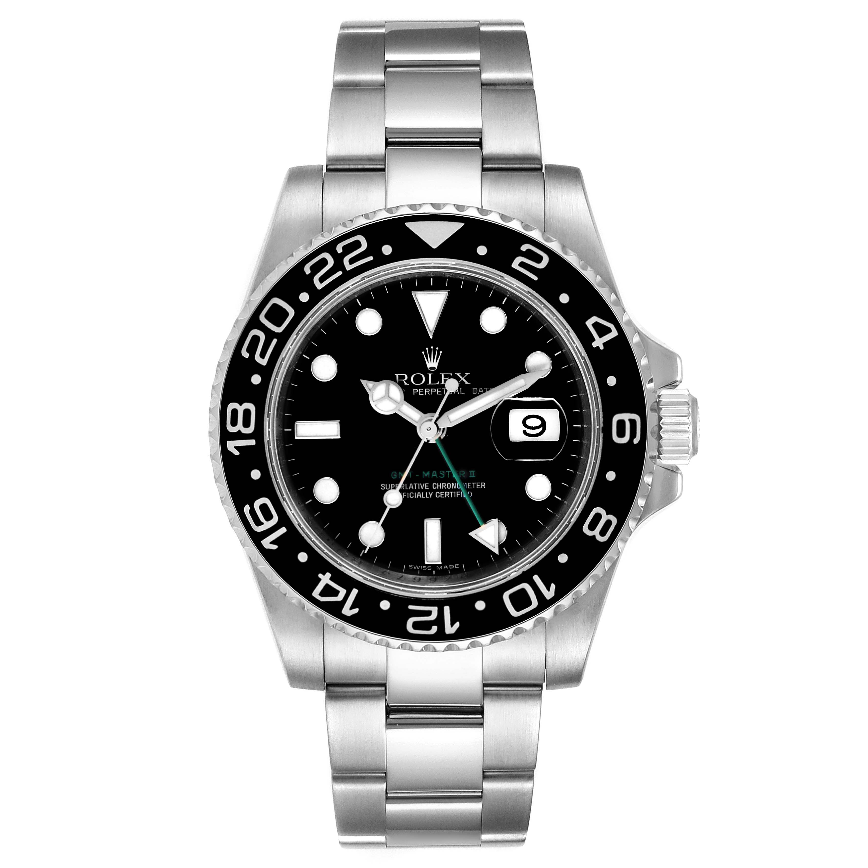 The Rolex GMT-Master 116710 Men
s Stainless Steel Black Dial 116710 Men
s Stainless Steel Black Dial watch is shown from the front, displaying the face, bezel, and stainless steel bracelet.