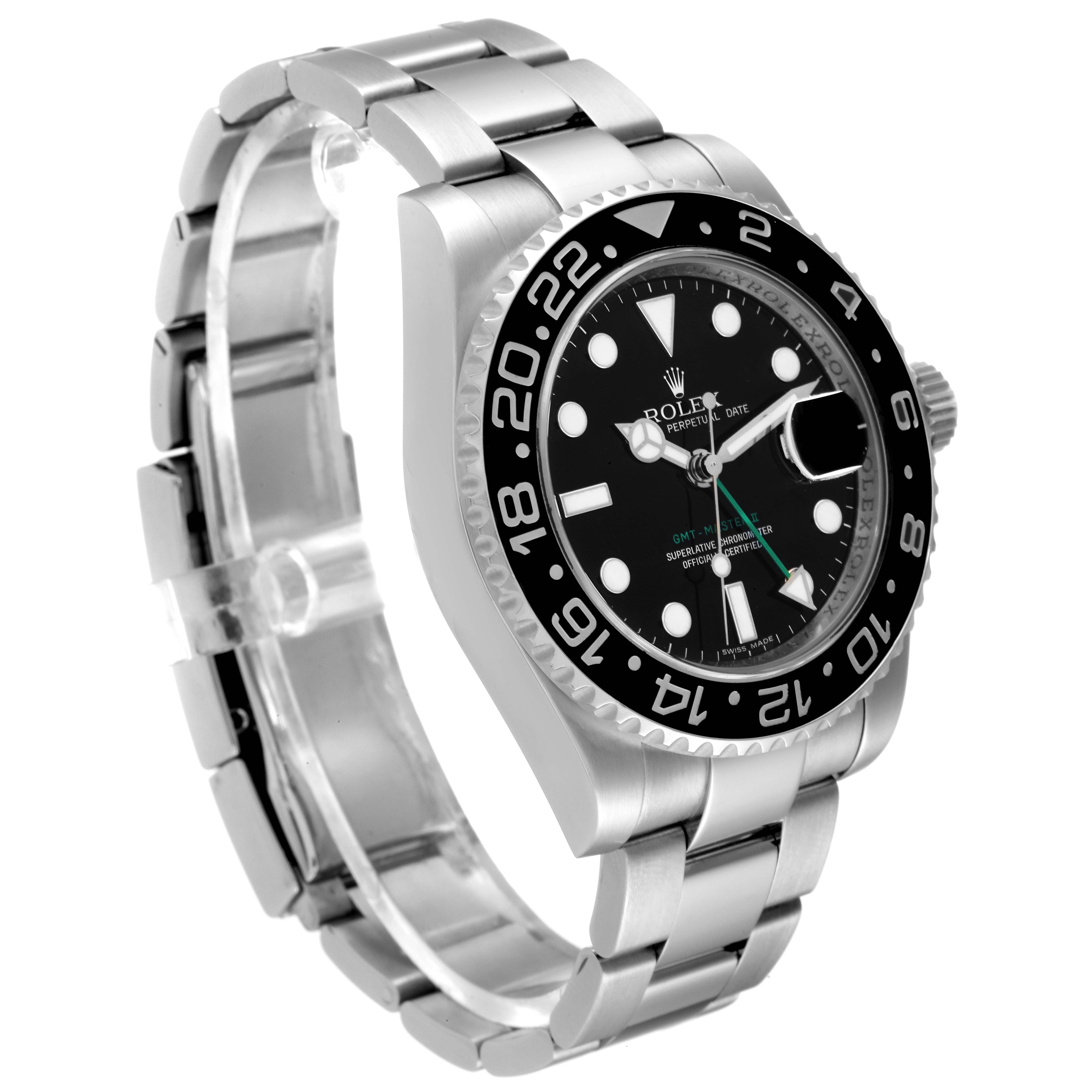 The image shows a side angle of a Rolex GMT-Master 116710 Men
s Stainless Steel Black Dial 116710 Men
s Stainless Steel Black Dial watch, highlighting its face, bezel, crown, and bracelet.