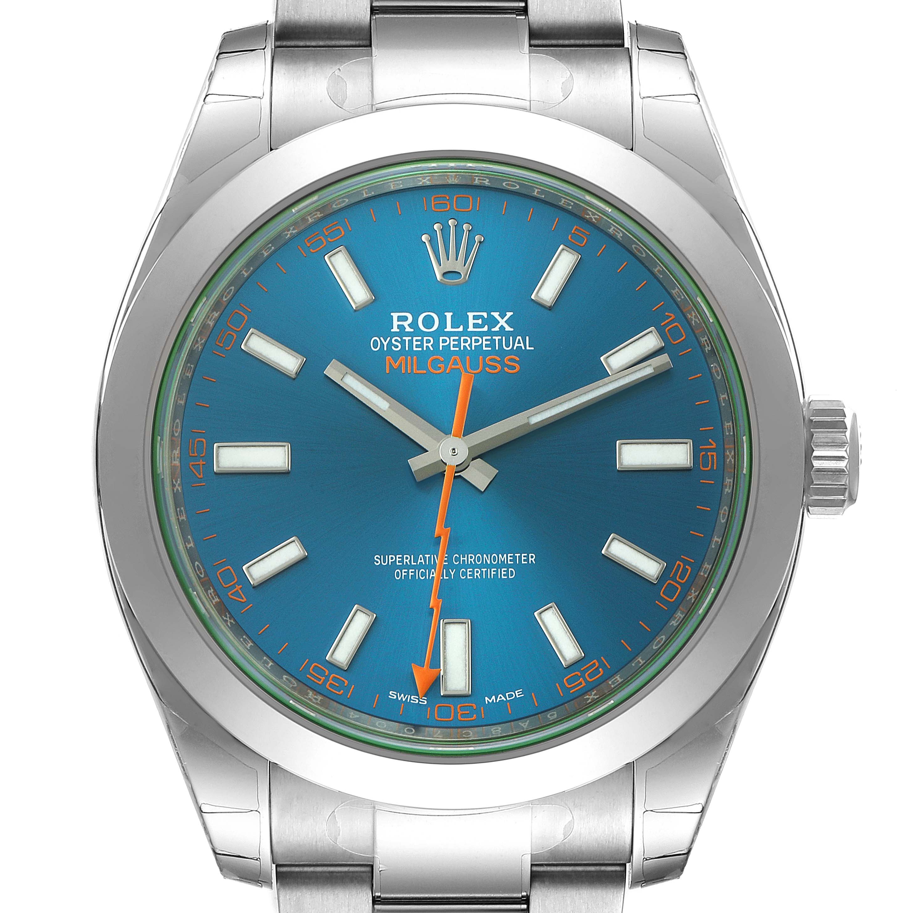 The image shows a front view of the dial and part of the bracelet of a Rolex Milgauss 116400GV Men's Stainless Steel Blue Dial 116400GV Men's Stainless Steel Blue Dial watch.