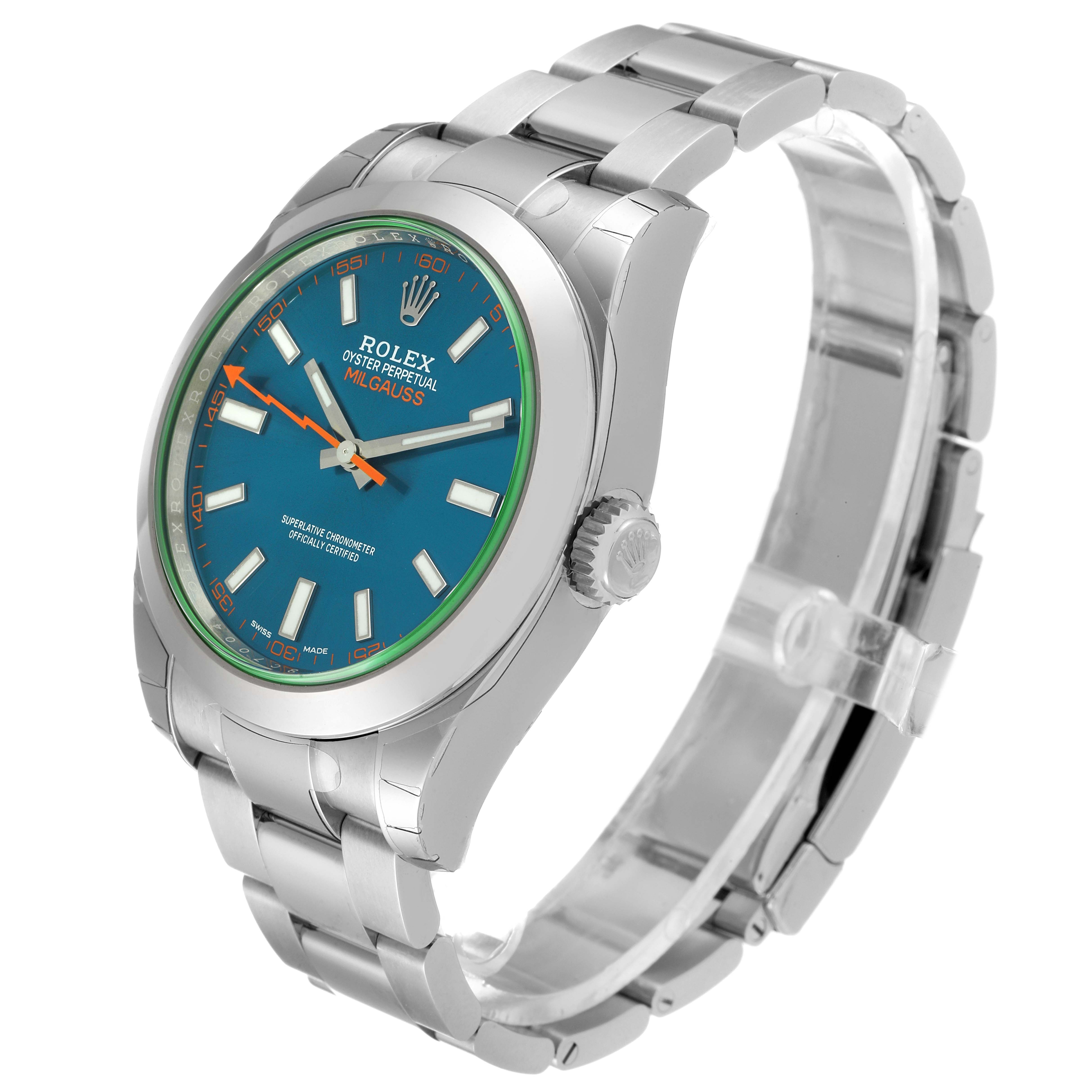 The image shows a Rolex Milgauss 116400GV Men's Stainless Steel Blue Dial 116400GV Men's Stainless Steel Blue Dial watch at an angled side view, highlighting its dial, bezel, crown, and bracelet.