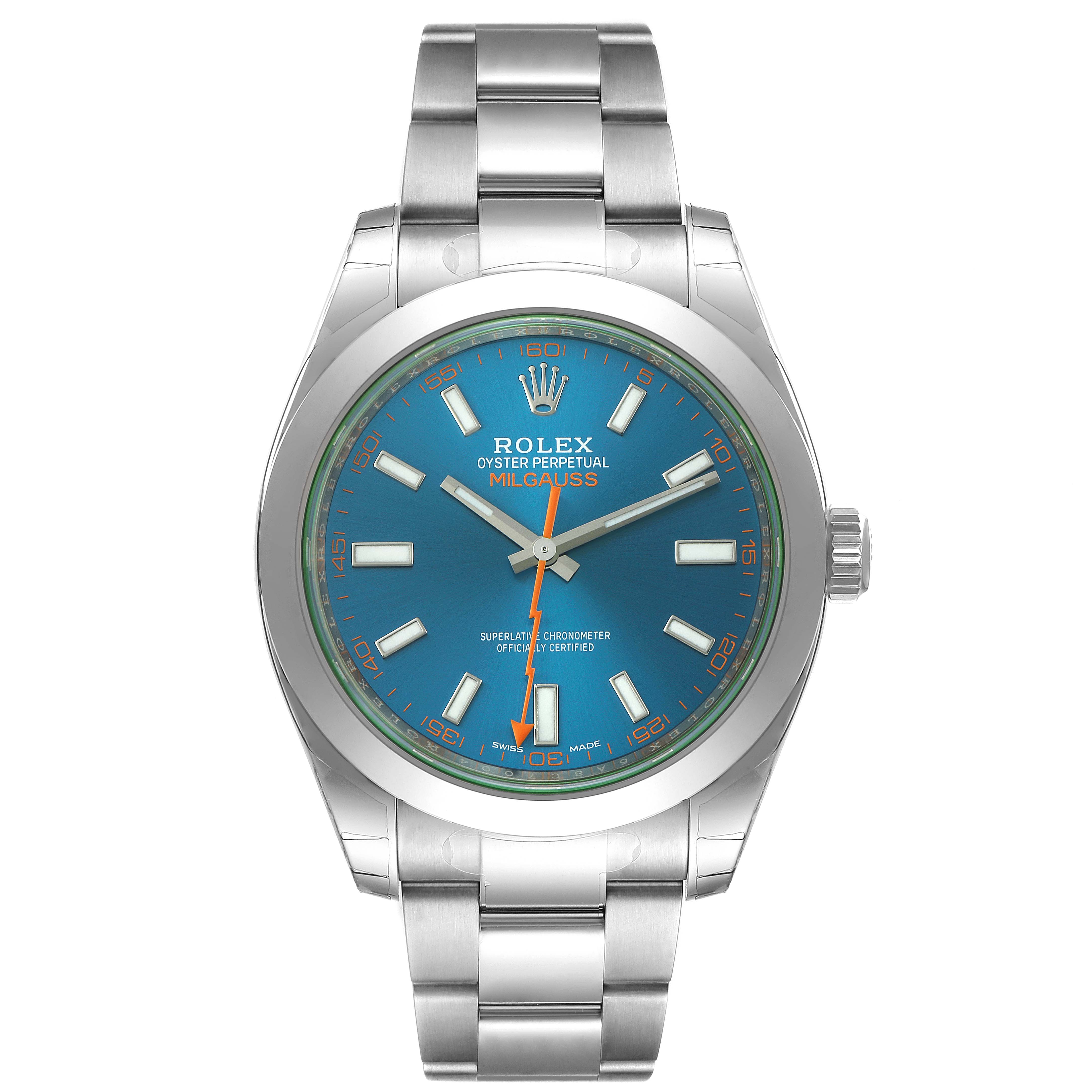 This is a front view of the Rolex Milgauss 116400GV Men's Stainless Steel Blue Dial 116400GV Men's Stainless Steel Blue Dial watch, showcasing the face, hands, dial, and bracelet.