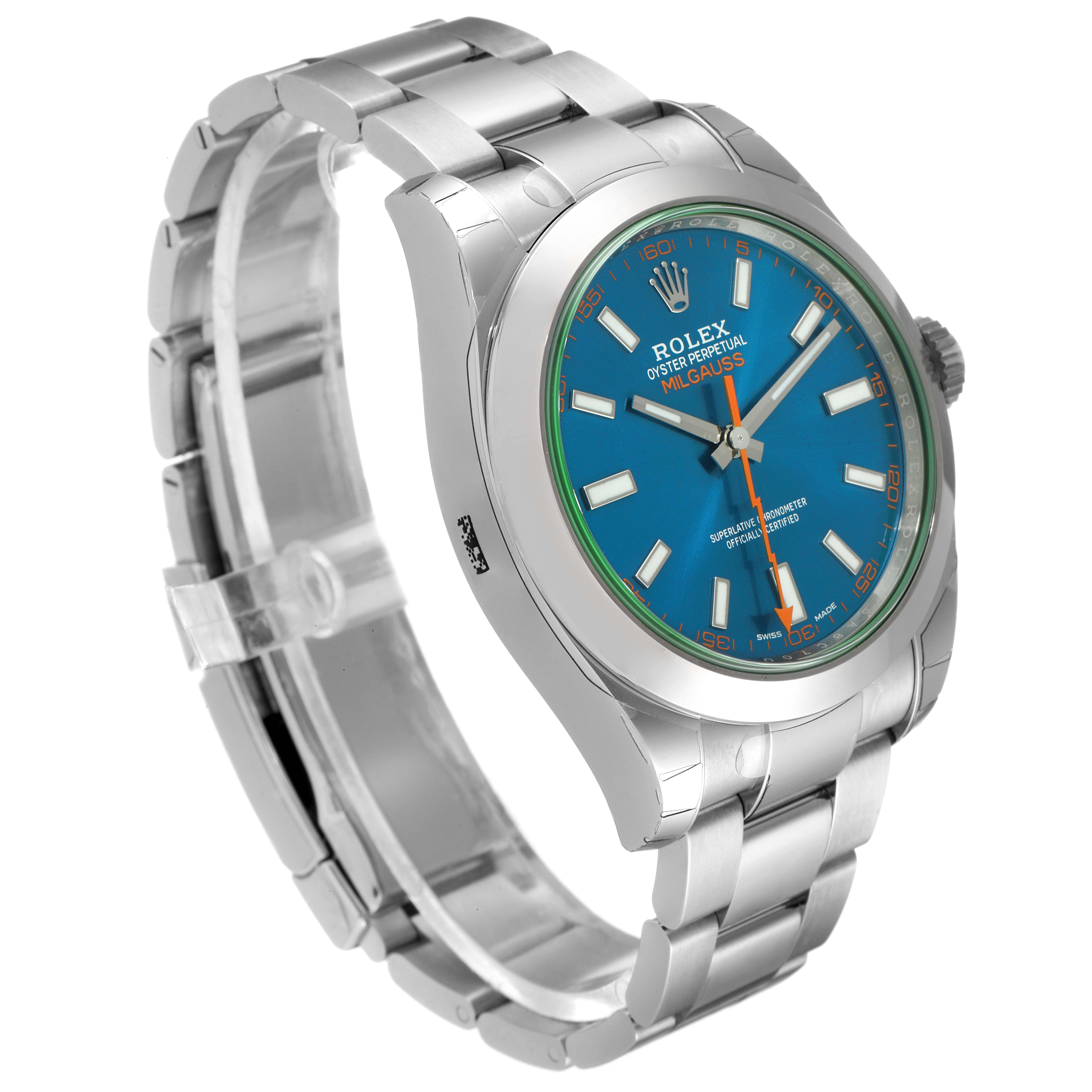 The Rolex Milgauss 116400GV Men's Stainless Steel Blue Dial 116400GV Men's Stainless Steel Blue Dial watch is shown from an angled side view, displaying its blue dial, metal bracelet, and case.