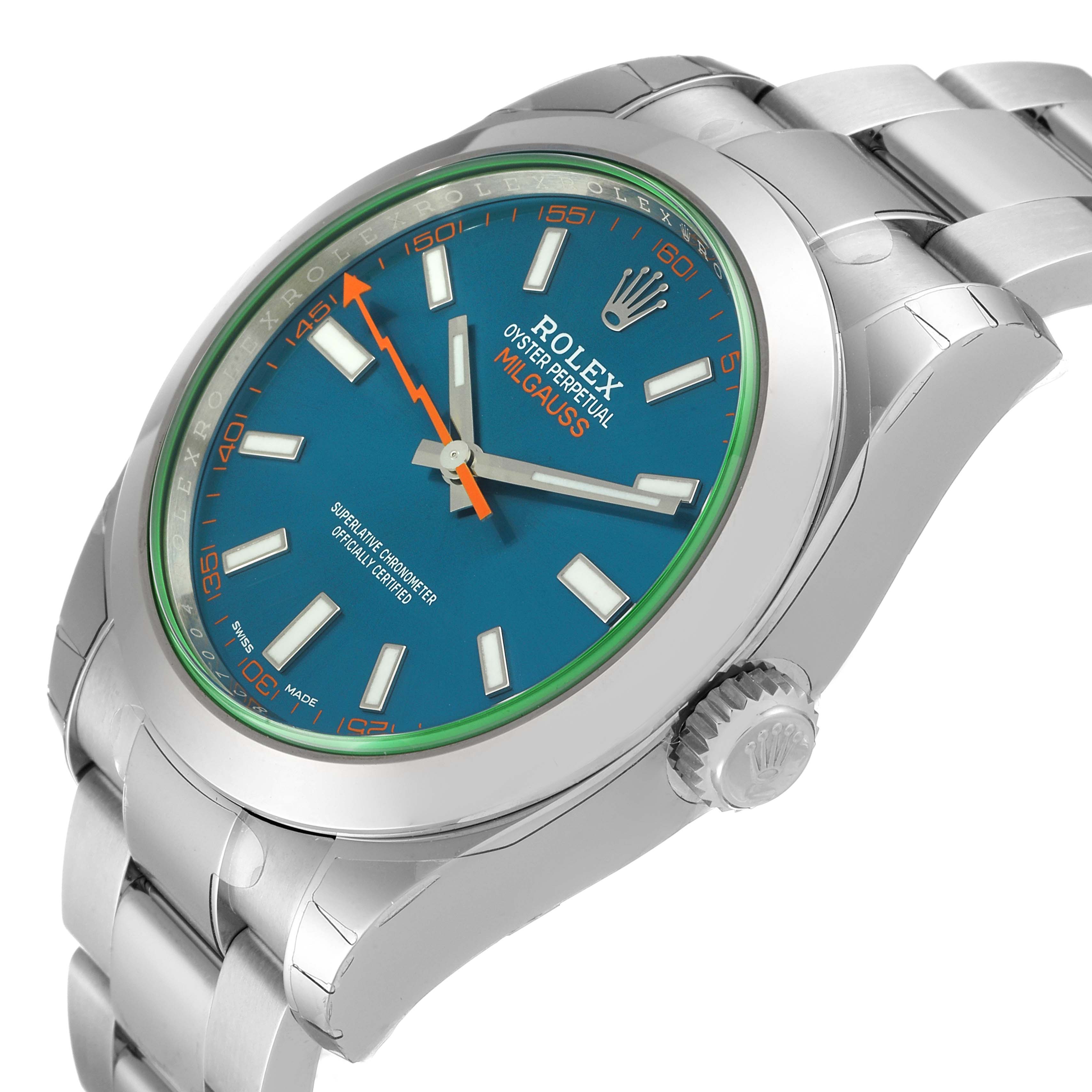 The image shows a Rolex Milgauss 116400GV Men's Stainless Steel Blue Dial 116400GV Men's Stainless Steel Blue Dial watch at an oblique angle, highlighting the dial, case, crown, and part of the bracelet.