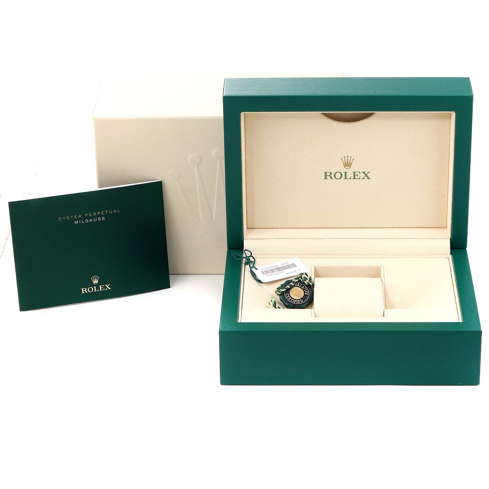 This image shows the packaging and accessories of a Rolex Milgauss 116400GV Men's Stainless Steel Blue Dial 116400GV Men's Stainless Steel Blue Dial watch, including a box, tags, and a certificate booklet.