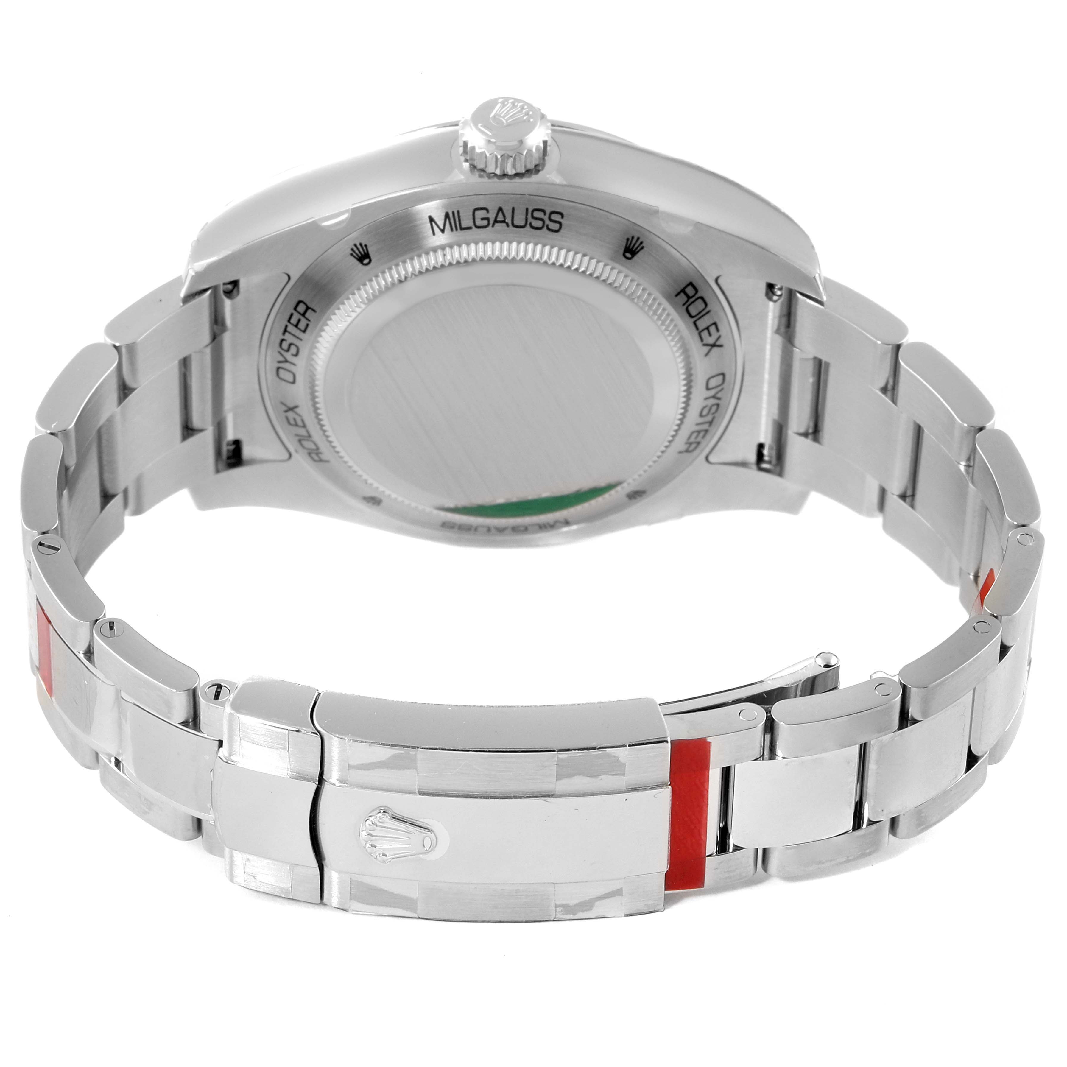 The image shows the back view of a Rolex Milgauss 116400GV Men's Stainless Steel Blue Dial 116400GV Men's Stainless Steel Blue Dial watch, highlighting its case back and metal bracelet.