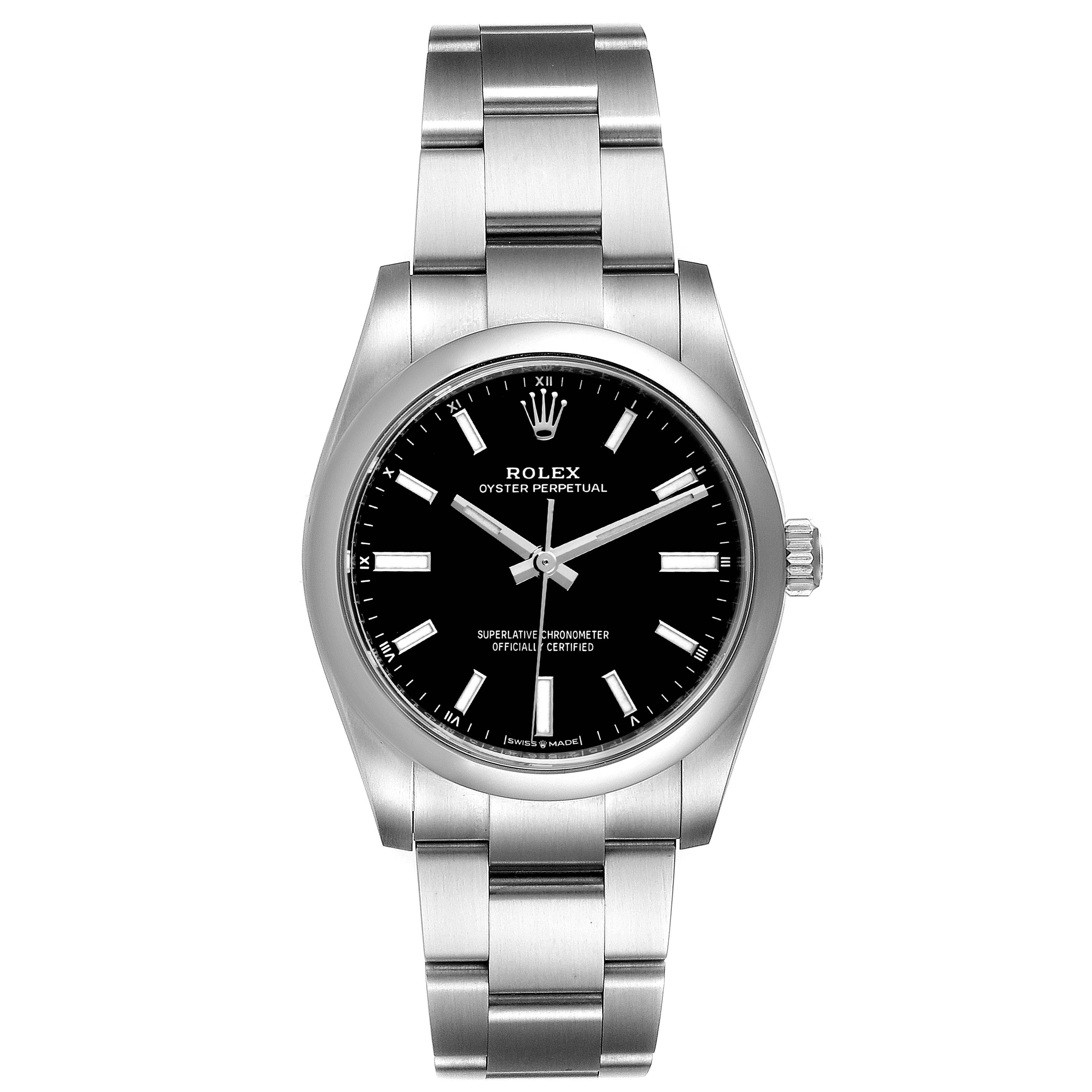 The Rolex Oyster Perpetual 124200 Men's Stainless Steel Black Dial 124200 Men's Stainless Steel Black Dial watch is shown from a front angle, displaying its black dial, stainless steel case, and bracelet.