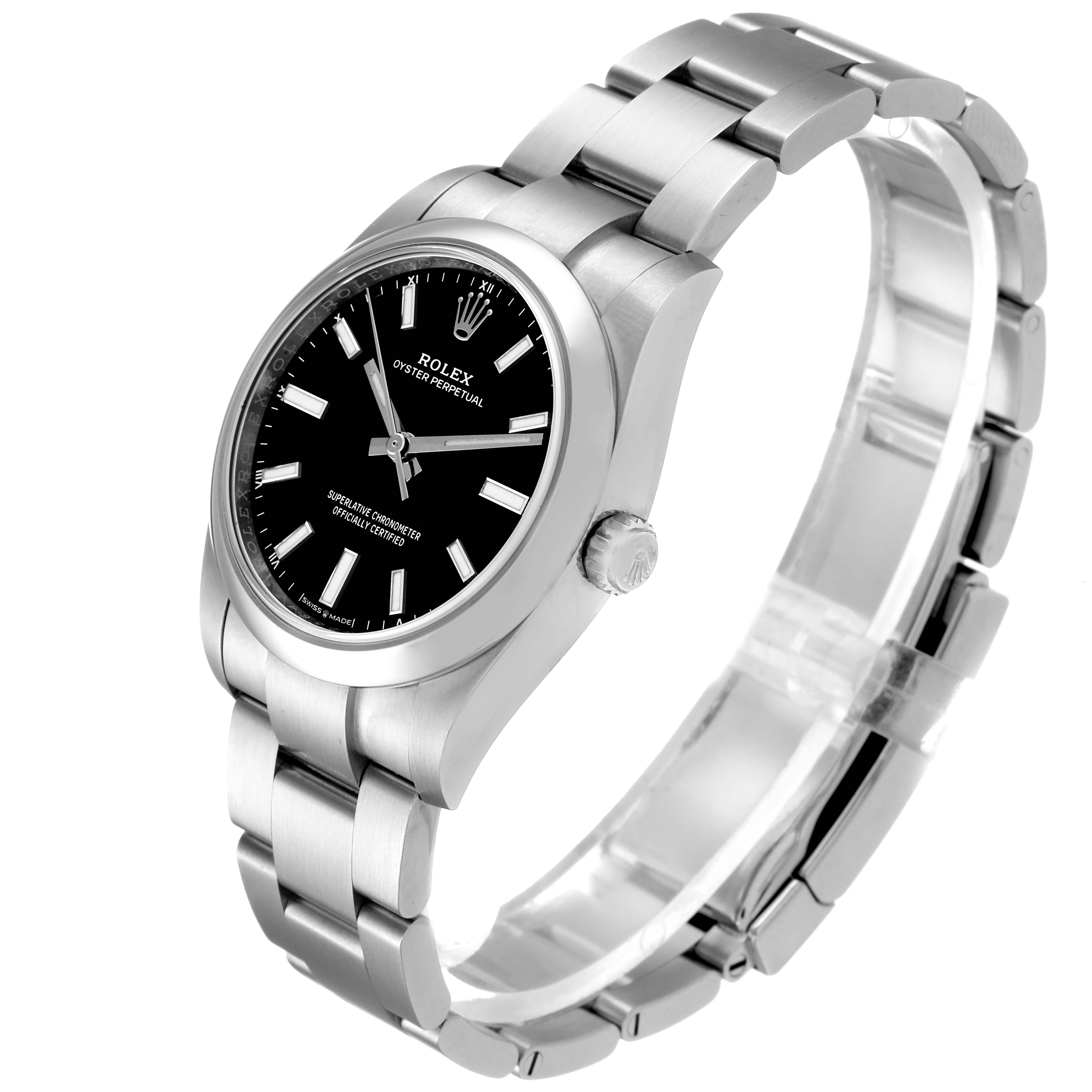 The image shows a side and front view of a Rolex Oyster Perpetual 124200 Men's Stainless Steel Black Dial 124200 Men's Stainless Steel Black Dial watch with its stainless steel bracelet and black dial.