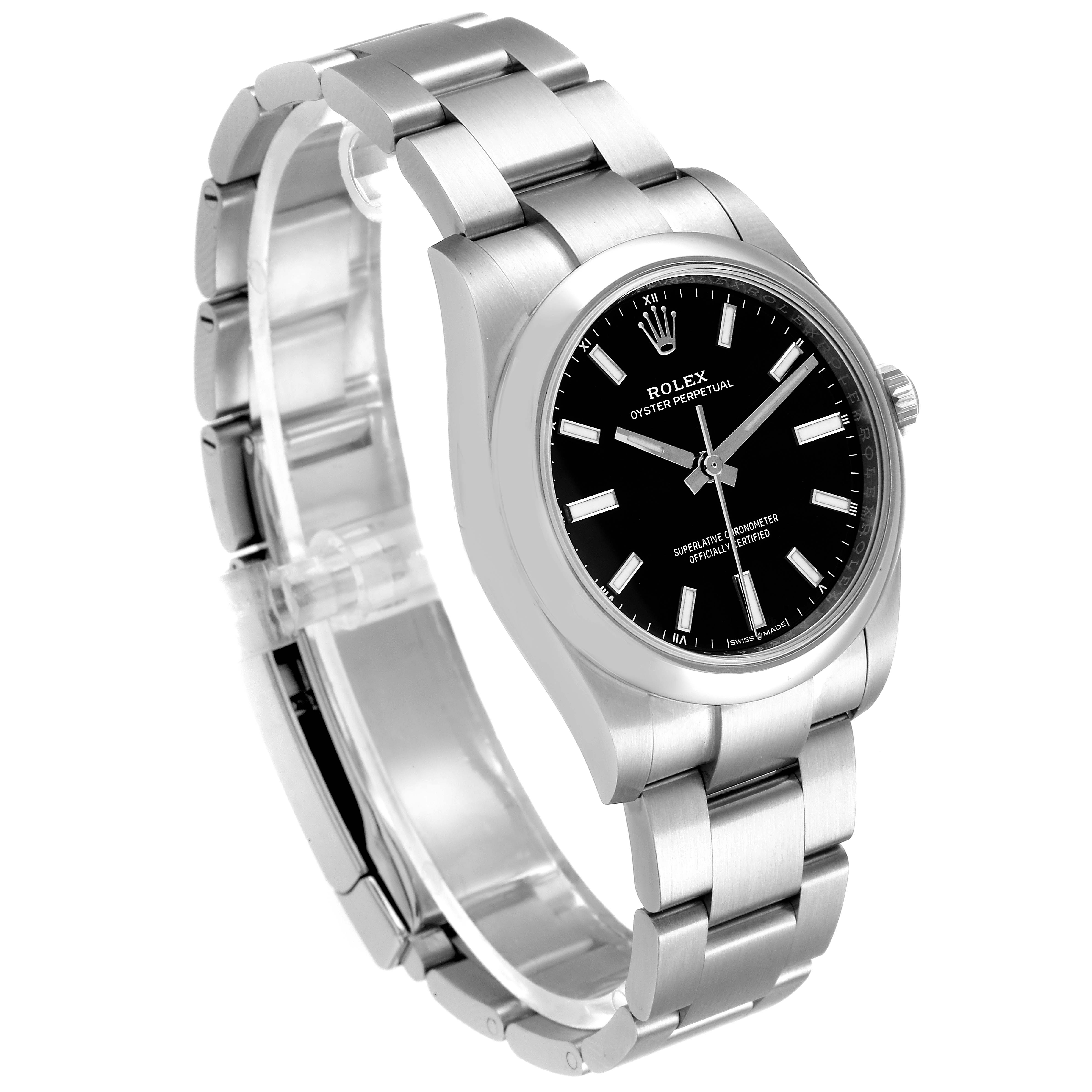 This image shows a side angle of a Rolex Oyster Perpetual 124200 Men's Stainless Steel Black Dial 124200 Men's Stainless Steel Black Dial watch featuring its black dial and stainless steel bracelet.