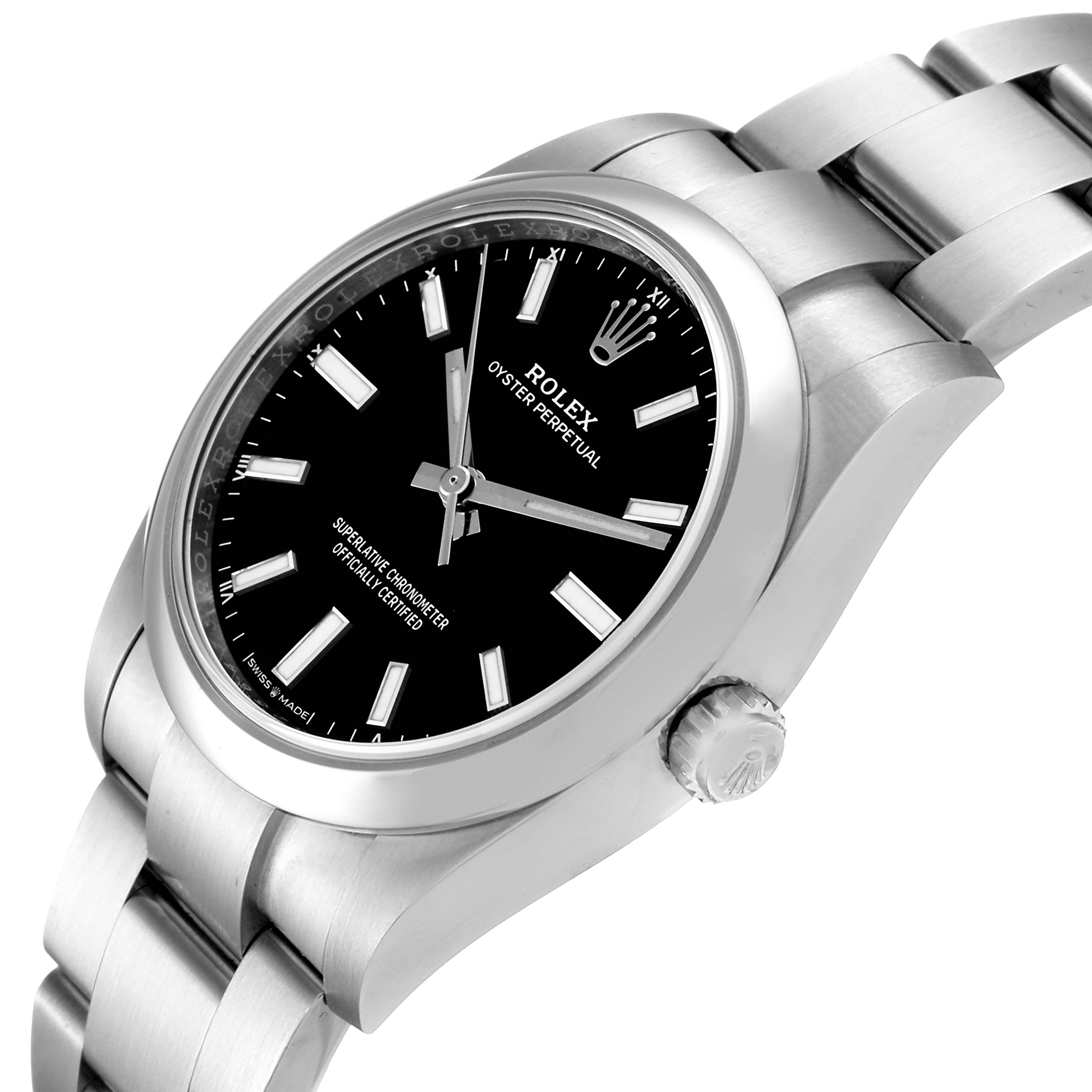 The image displays a side angle view of a Rolex Oyster Perpetual 124200 Men's Stainless Steel Black Dial 124200 Men's Stainless Steel Black Dial watch, highlighting the dial, crown, and part of the bracelet.