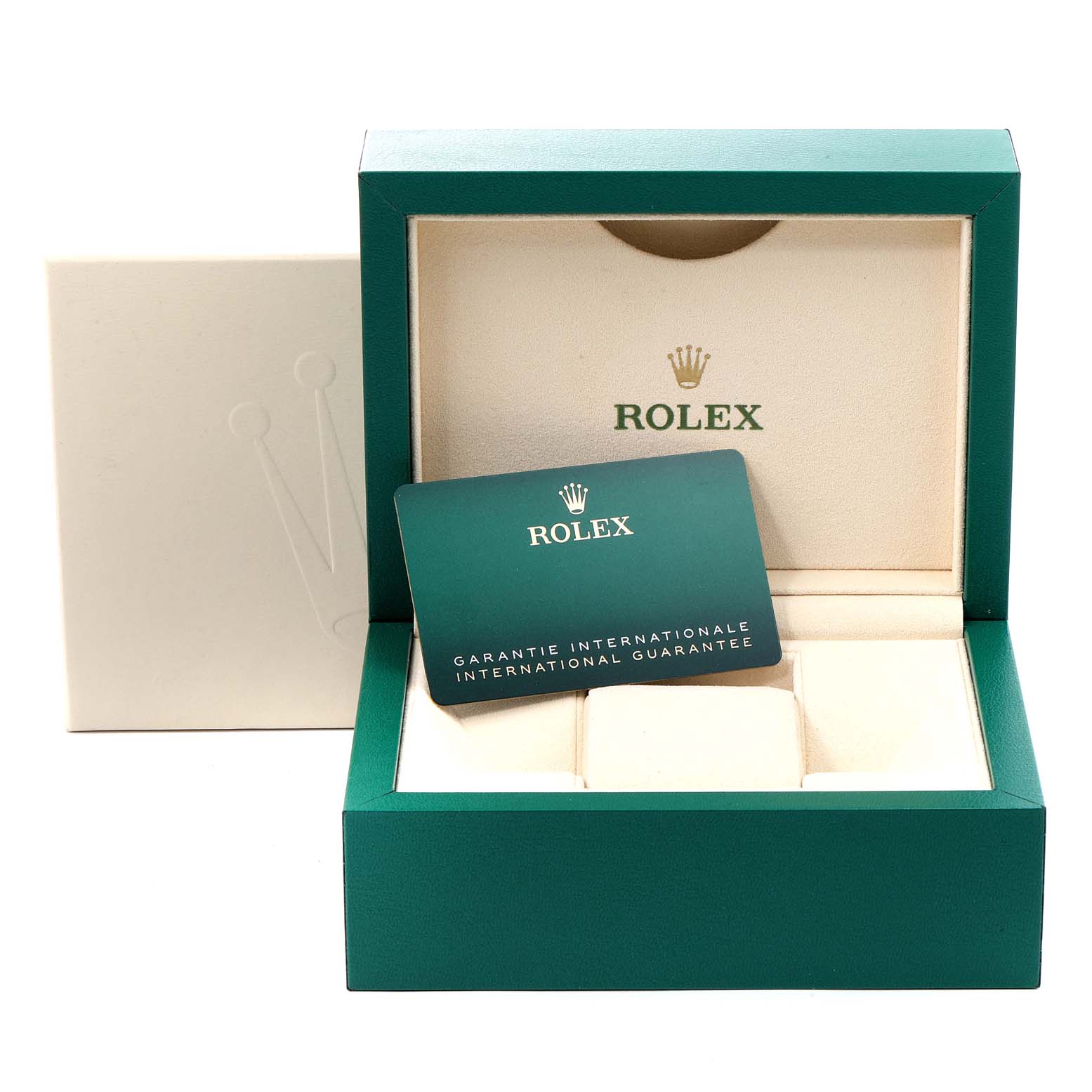 The image shows a Rolex Oyster Perpetual 124200 Men's Stainless Steel Black Dial 124200 Men's Stainless Steel Black Dial watch box at a frontal angle, including the international guarantee card.