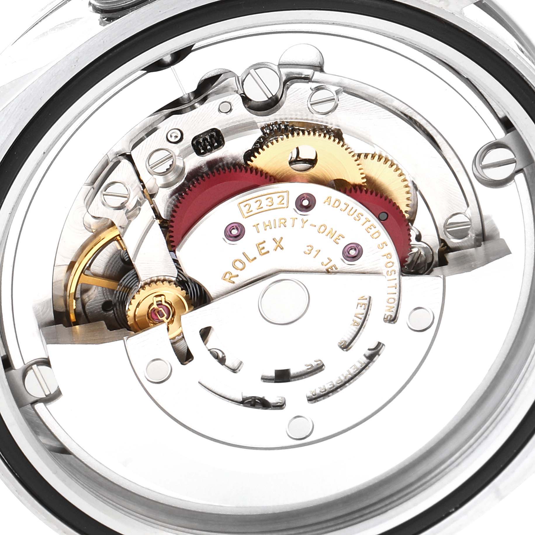 The image shows the internal mechanism of a Rolex Oyster Perpetual 124200 Men's Stainless Steel Black Dial 124200 Men's Stainless Steel Black Dial watch, highlighting gears and adjustment markings.