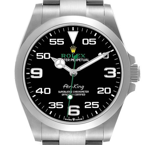 The image shows a front view of the Rolex Air-King 126900 Men's Stainless Steel Black Dial watch, displaying the dial, hands, and part of the bracelet.