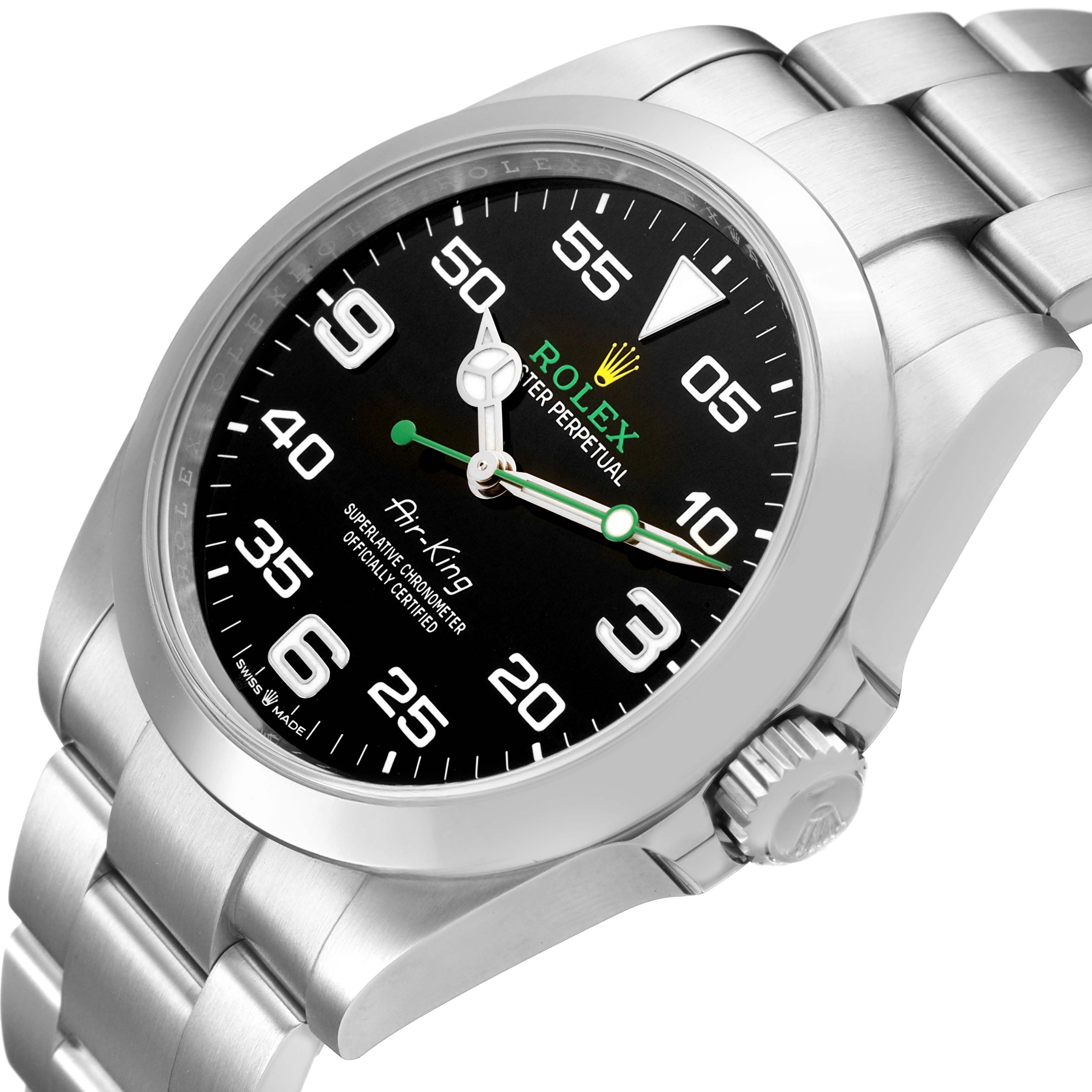 The Rolex Air-King 126900 Men's Stainless Steel Black Dial watch is shown from a three-quarter angle, highlighting its black dial, silver bracelet, and crown.