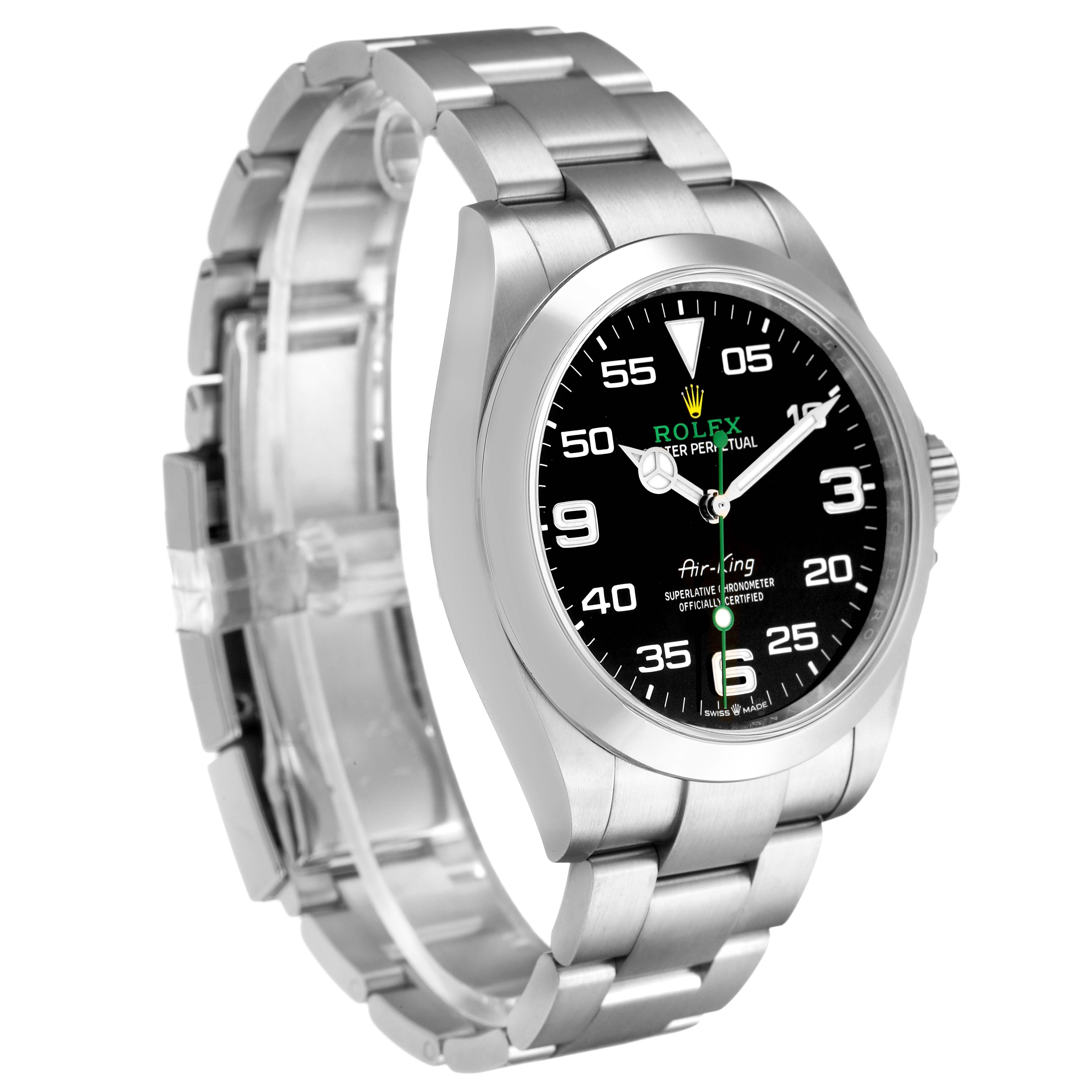 The Rolex Air-King 126900 Men's Stainless Steel Black Dial watch is shown at a slight angle, displaying the face, bezel, and part of the stainless steel bracelet.