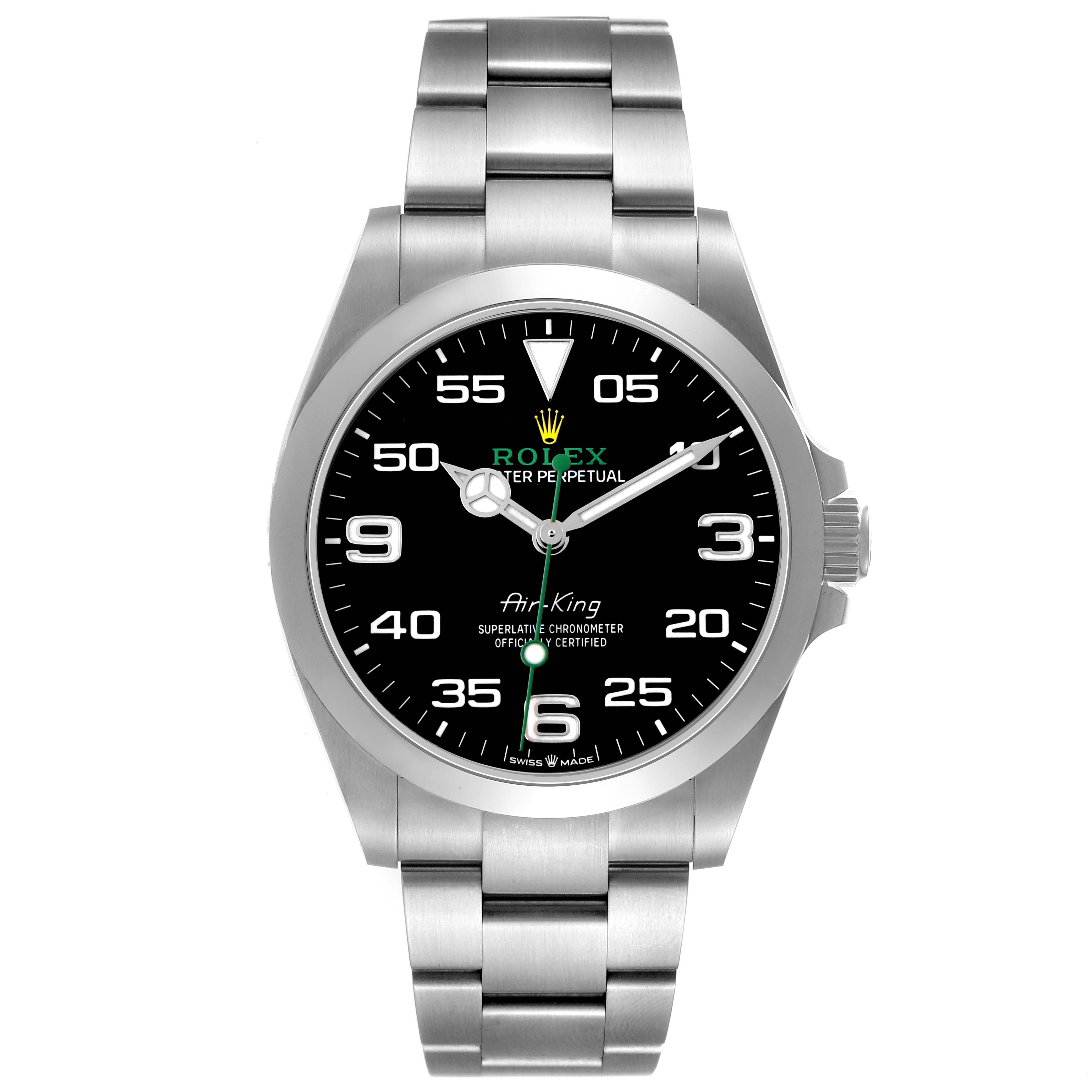 The Rolex Air-King 126900 Men's Stainless Steel Black Dial watch is shown from the front, highlighting the face, bracelet, and bezel.