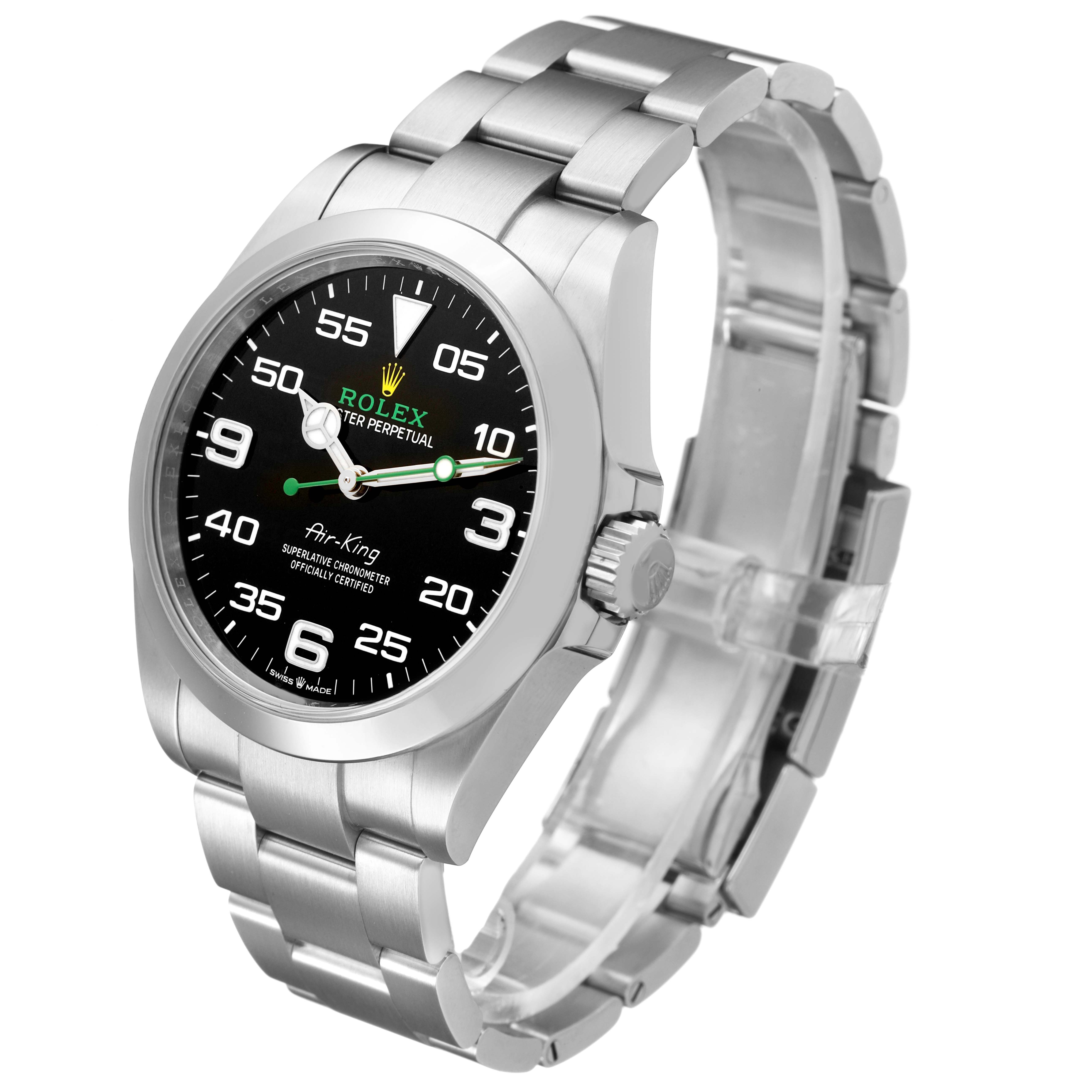 The Rolex Air-King 126900 Men's Stainless Steel Black Dial watch is shown at an angled view, displaying the face, bezel, crown, and bracelet.