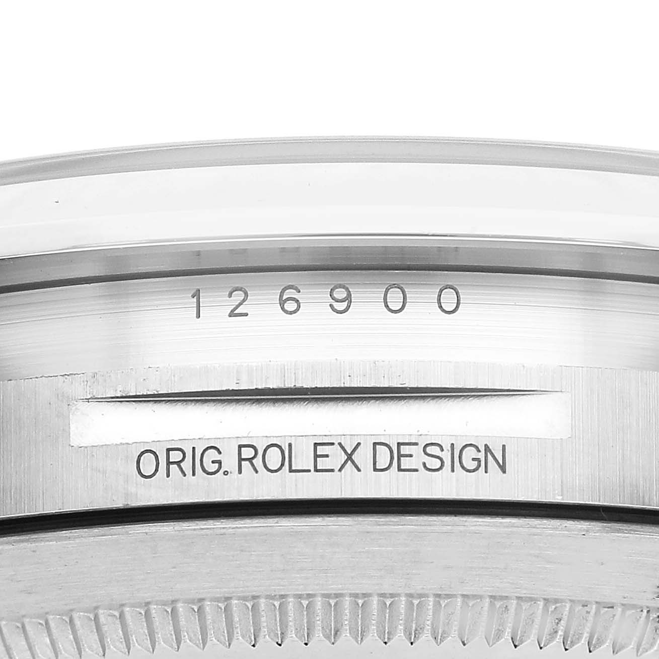 The image shows a close-up of the side of a Rolex Air-King 126900 Men's Stainless Steel Black Dial watch, featuring the model number "126900" and "Orig. Rolex Design".