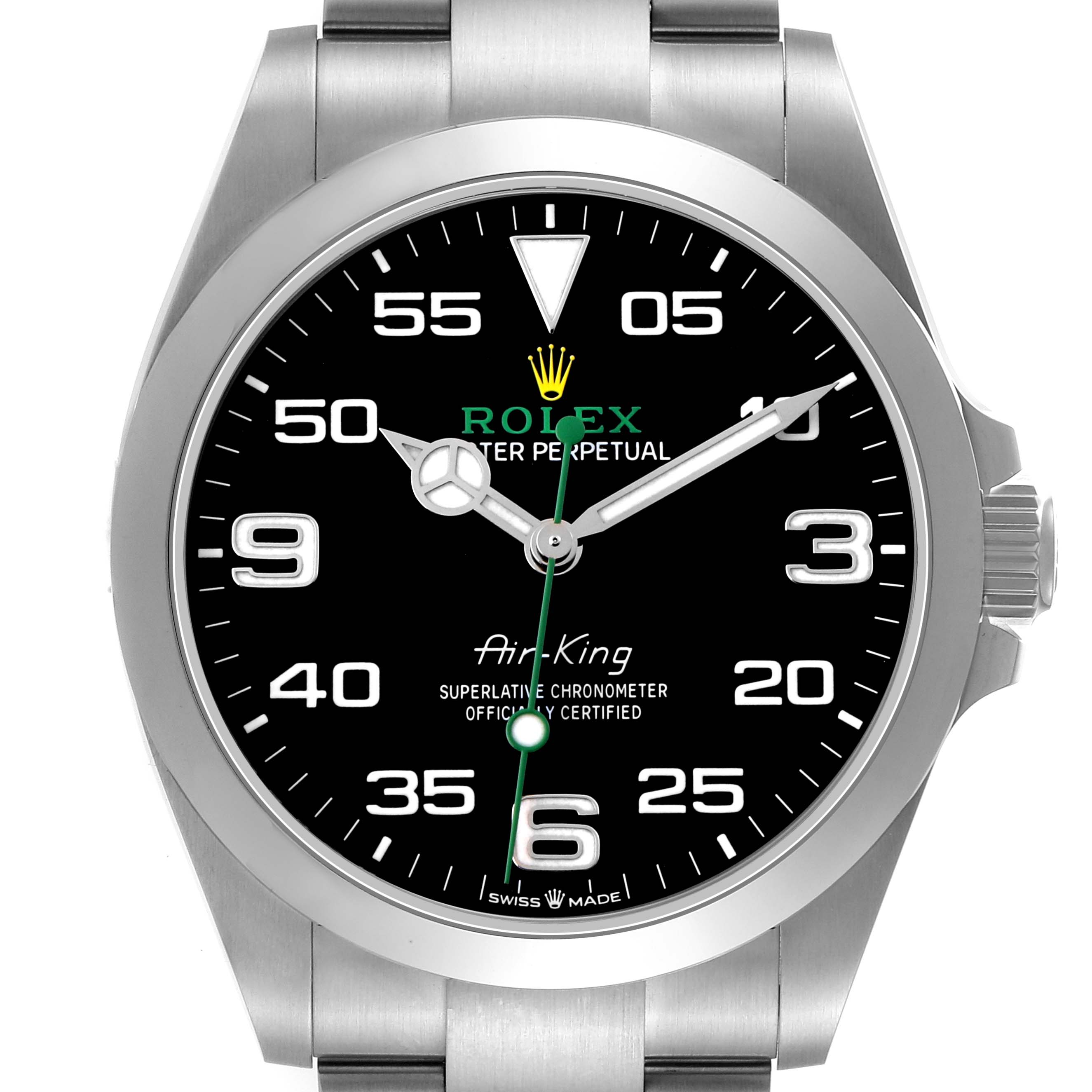 The Rolex Air-King 126900 Men's Stainless Steel Black Dial watch is shown from a front angle, displaying the face, bezel, crown, and part of the bracelet.