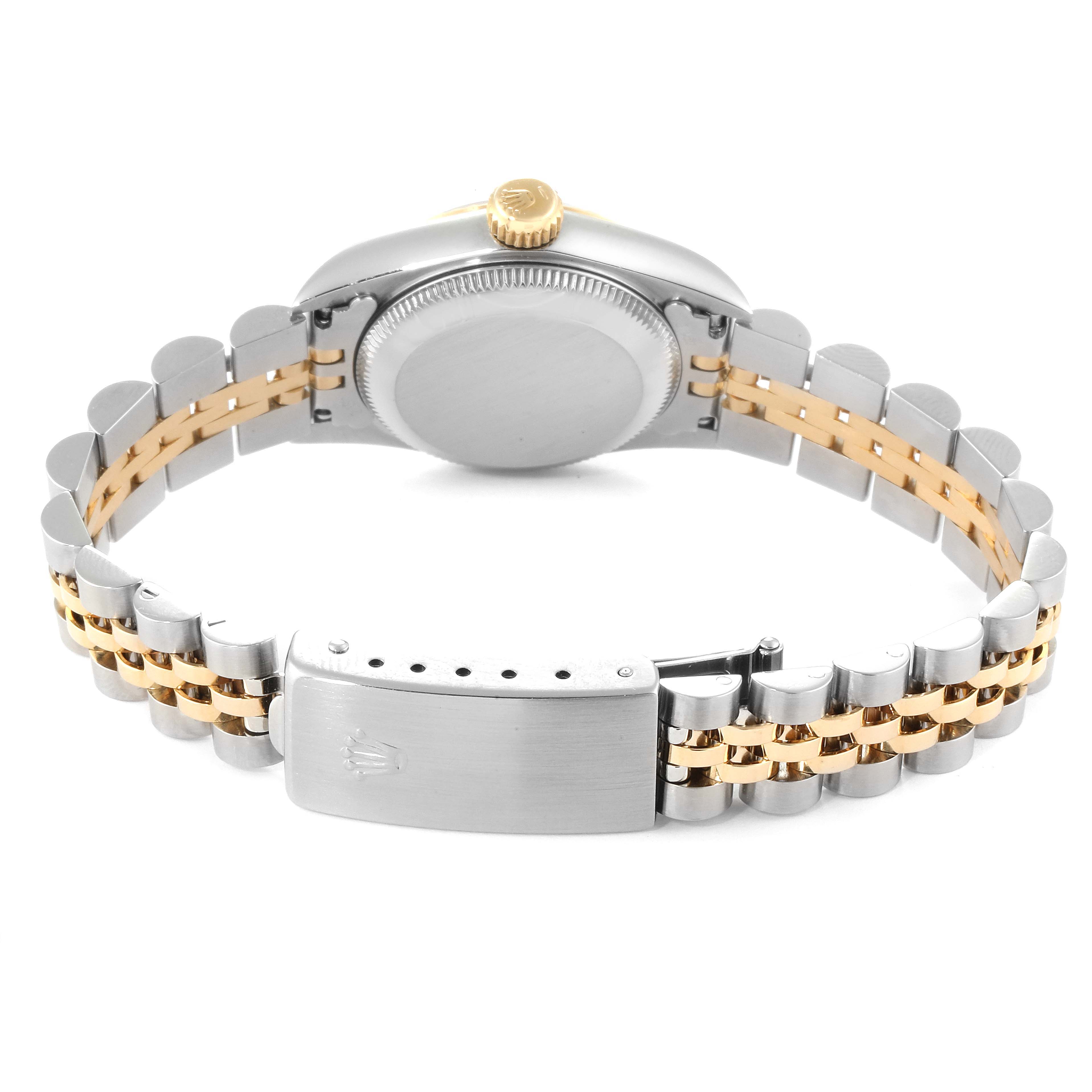 The image shows the back view of a Rolex Oyster Perpetual 67193 Women's Stainless Steel Black Dial 67193 Women's Stainless Steel Black Dial watch, highlighting the case back, crown, and the two-tone bracelet and clasp.