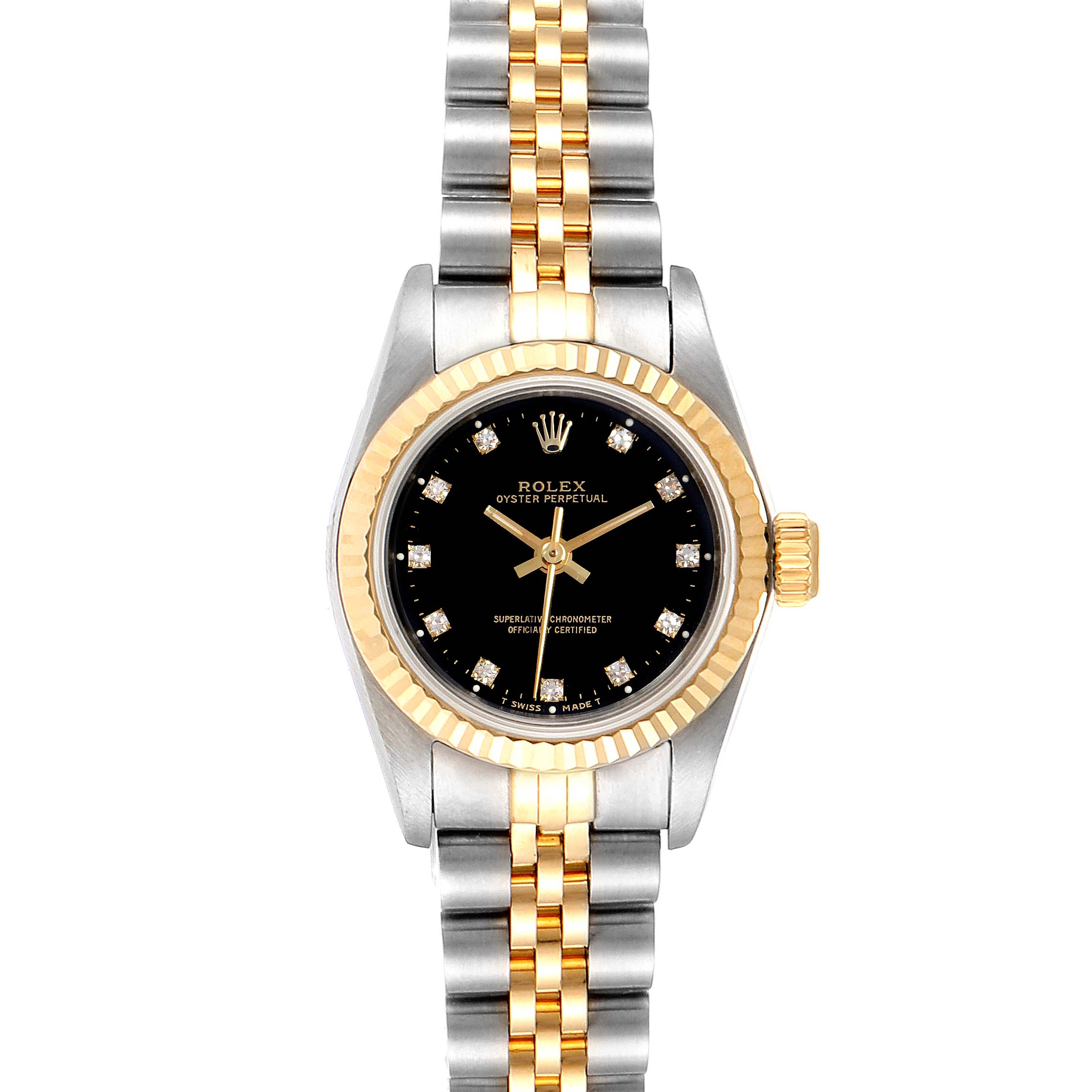 This image shows a front view of a Rolex Oyster Perpetual 67193 Women's Stainless Steel Black Dial 67193 Women's Stainless Steel Black Dial watch, highlighting the face, bezel, and bracelet.