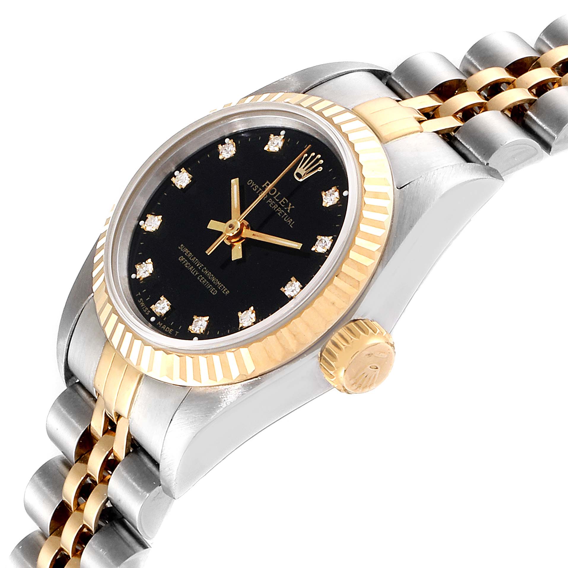 The image shows a side profile of a Rolex Oyster Perpetual 67193 Women's Stainless Steel Black Dial 67193 Women's Stainless Steel Black Dial watch highlighting its crown, bezel, dial, and part of the bracelet.