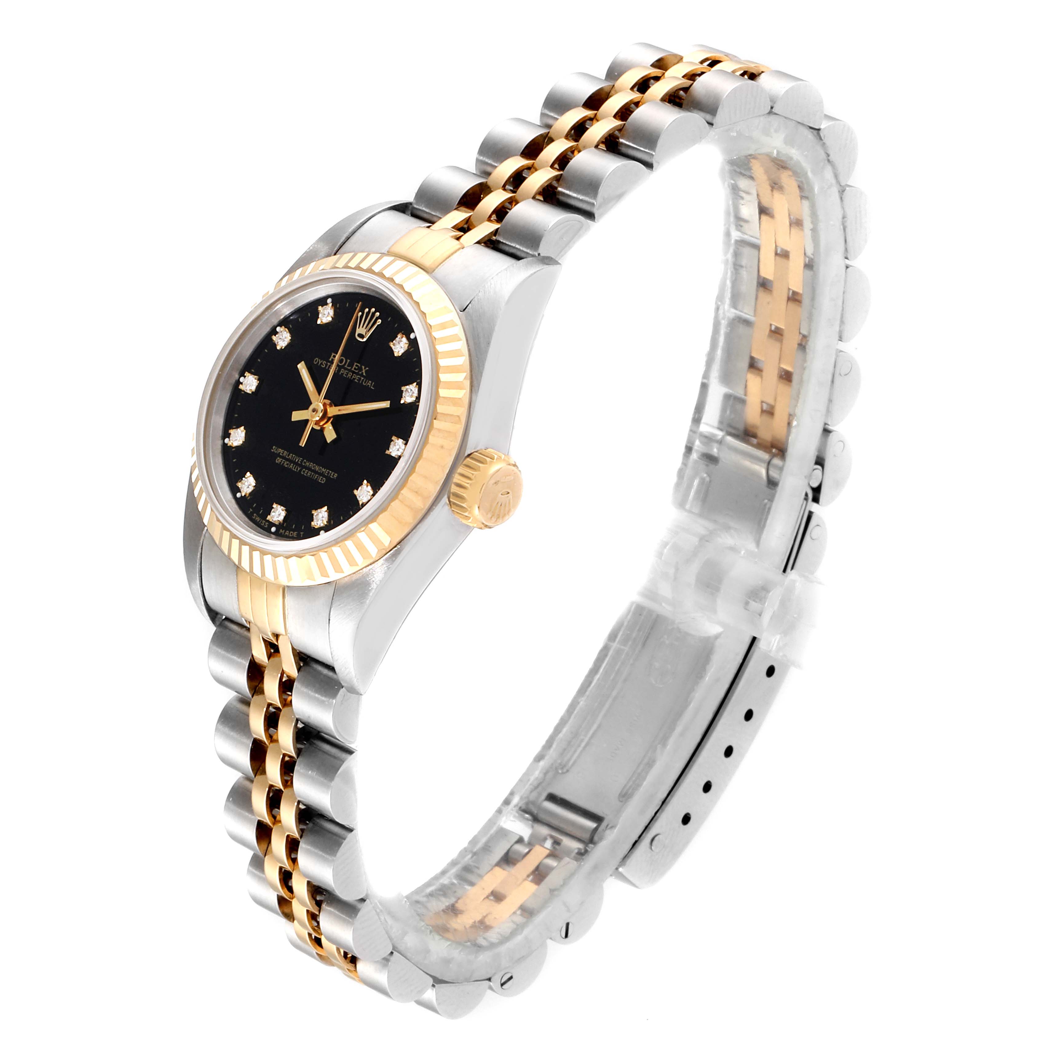 The Rolex Oyster Perpetual 67193 Women's Stainless Steel Black Dial 67193 Women's Stainless Steel Black Dial watch is shown at an angled side view, highlighting its black dial, two-tone bracelet, and fluted bezel.